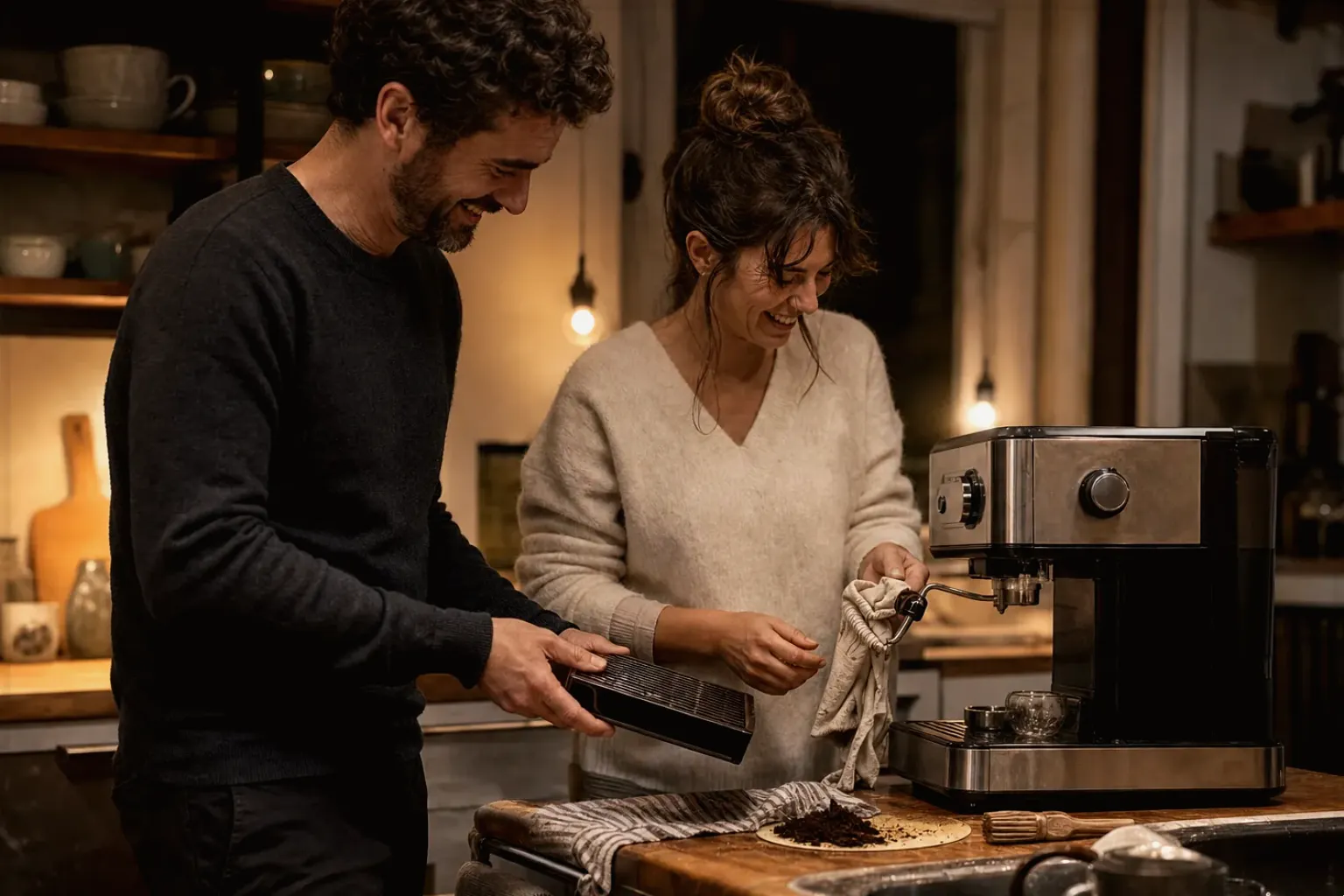 Ein Paar reinigt am Abend gemeinsam und gut gelaunt seine Espressomaschine in der Küche – gezeigt für Comandante C40 MK4 im Produktprofil.
