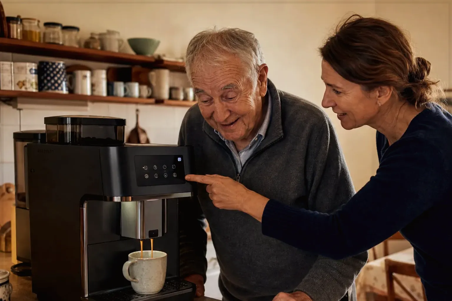 Eine erwachsene Tochter erklärt ihrem älteren Vater in seiner Küche einen Kaffeevollautomaten – gezeigt für Comandante C40 MK4 im Produktprofil.