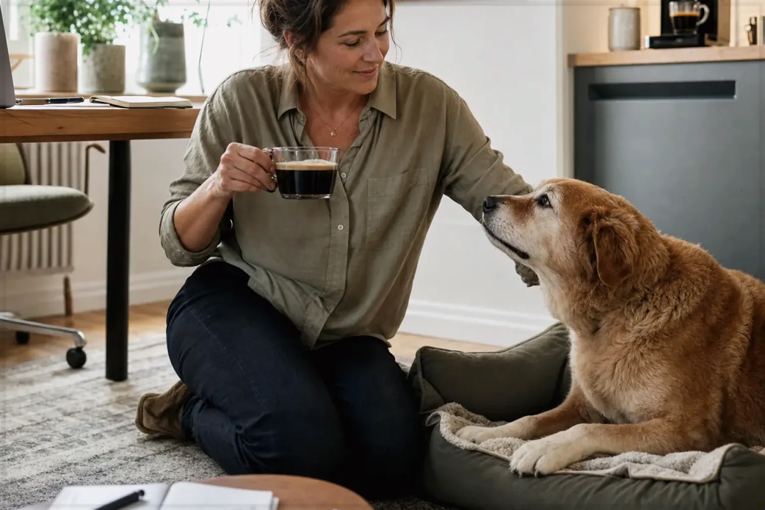 Eine Frau genießt im Homeoffice eine Kaffeepause bei ihrem älteren Hund – gezeigt für Comandante C40 MK4 im Produktprofil.