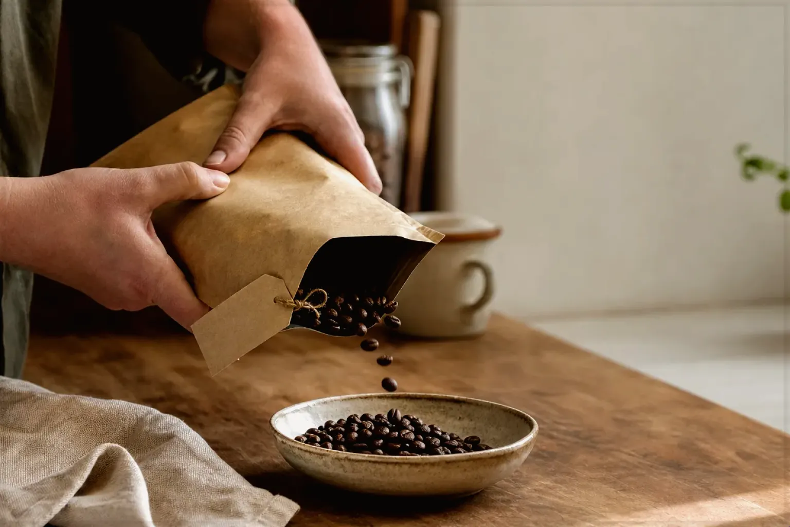 Hände füllen frisch geröstete Kaffeebohnen aus einer Papiertüte in eine Keramikschale – gezeigt für Comandante C40 MK4 im Produktprofil.