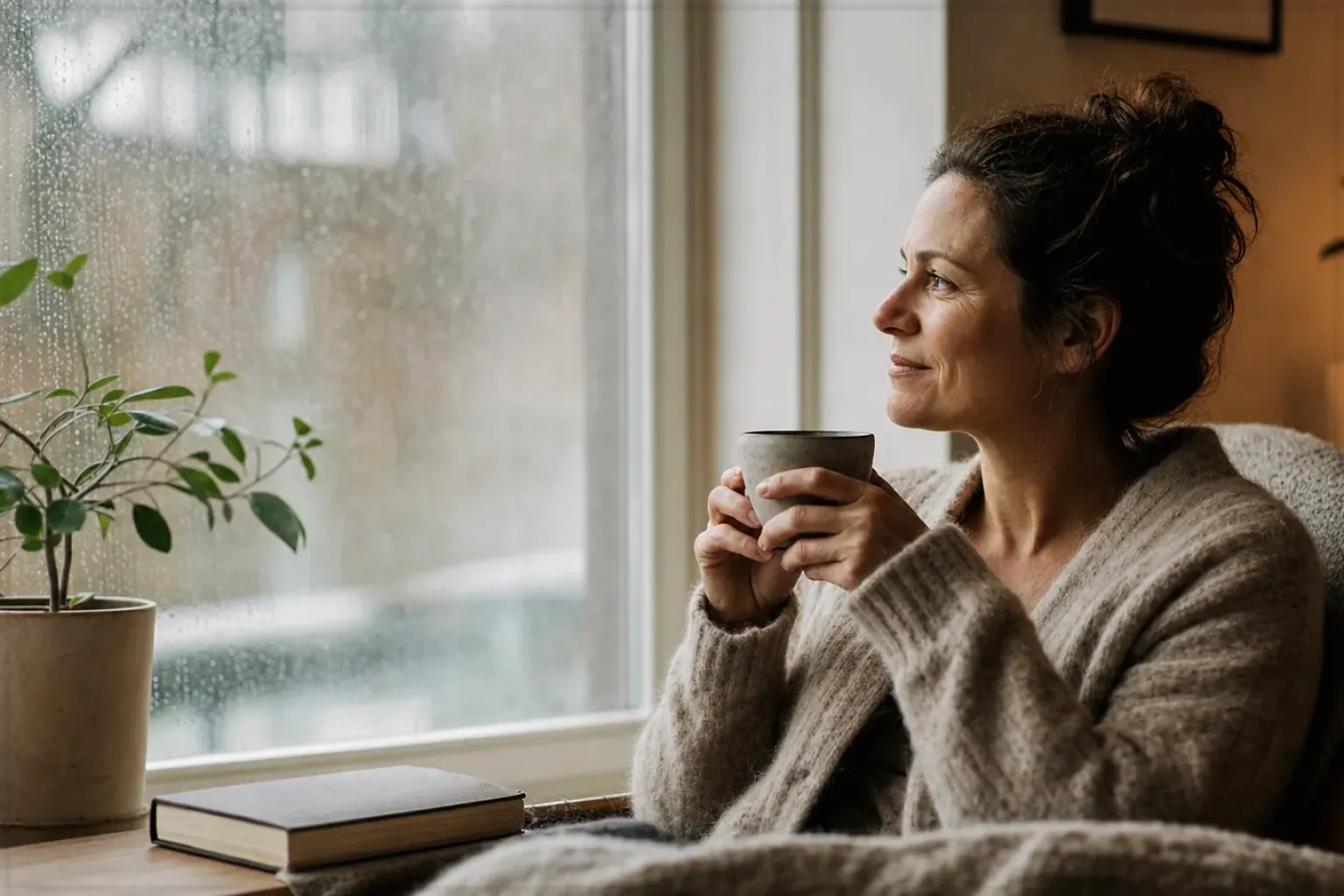 Eine Frau genießt an einem regnerischen Nachmittag ruhig eine Tasse Kaffee am Fenster – gezeigt für Comandante C40 MK4 im Produktprofil.