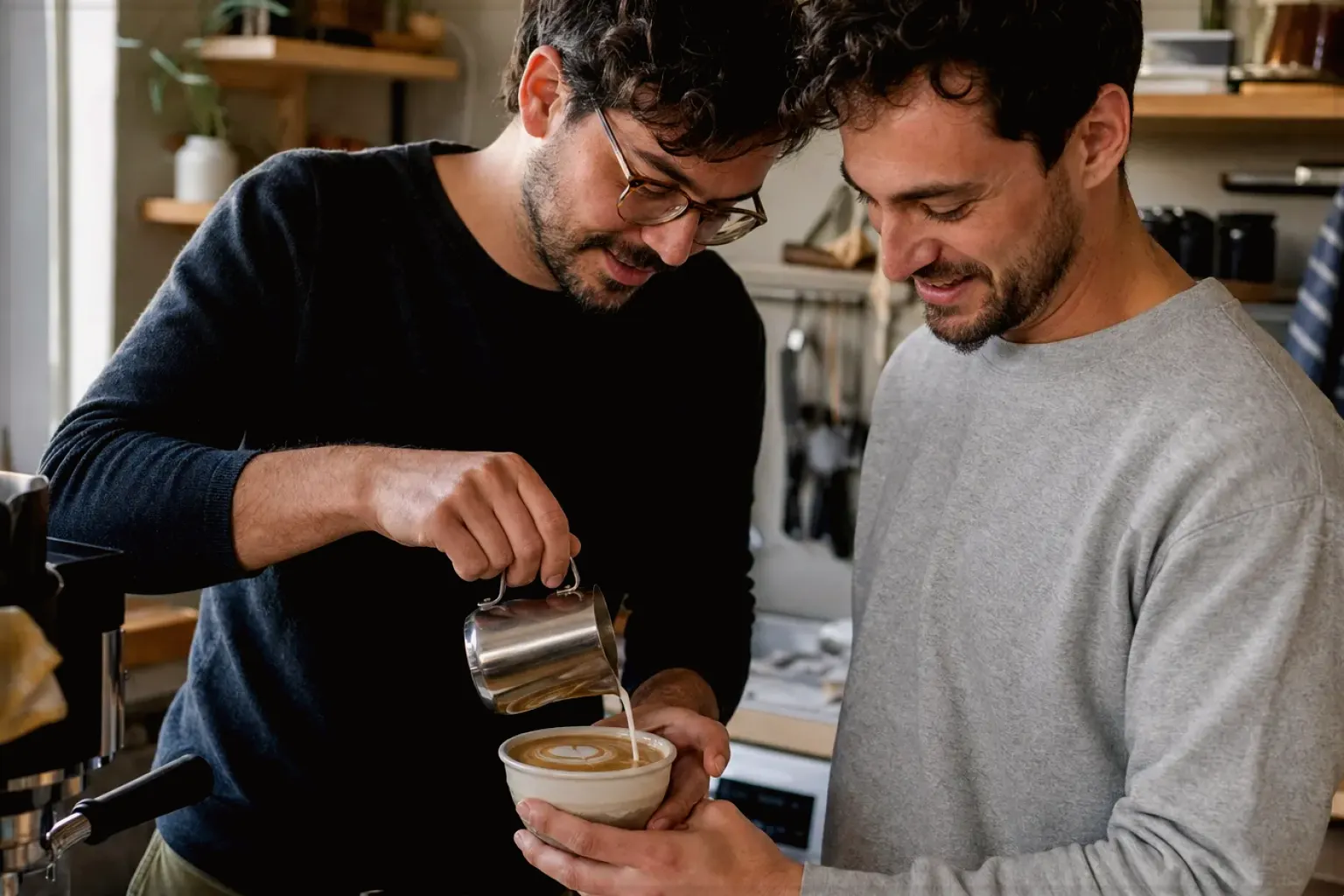 Zwei Freunde freuen sich in einer kleinen Küche über ihre gemeinsam gegossene Latte Art – gezeigt für Comandante C40 MK4 im Produktprofil.