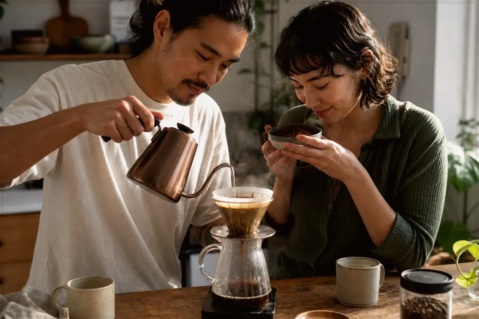 Zwei Menschen bereiten am Wochenende gemeinsam Filterkaffee mit einem Handfilter zu – gezeigt für Comandante C40 MK4 im Produktprofil.