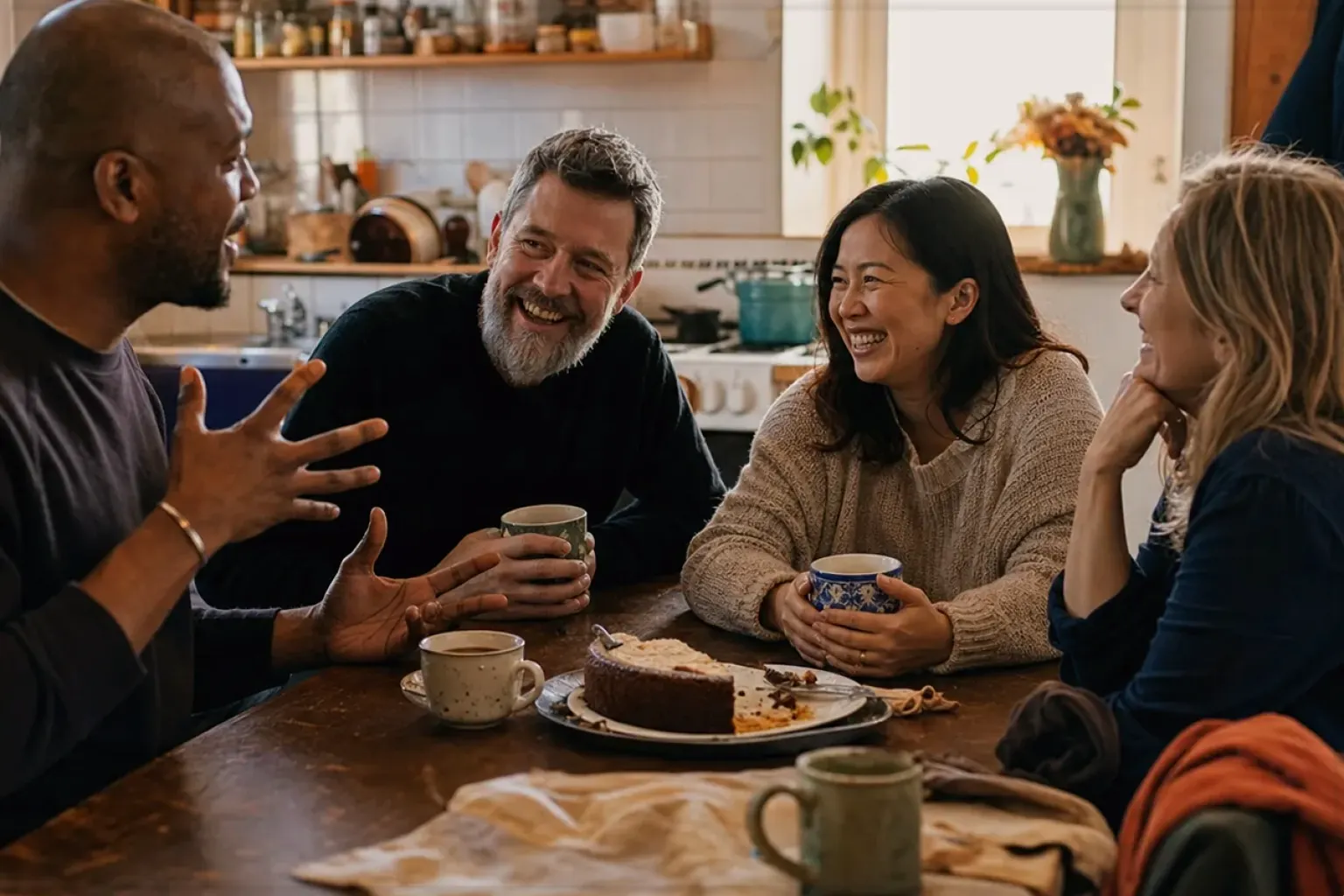 Vier erwachsene Freunde lachen gemeinsam bei Kaffee und selbst gebackenem Kuchen – gezeigt für Comandante C40 MK4 im Produktprofil.