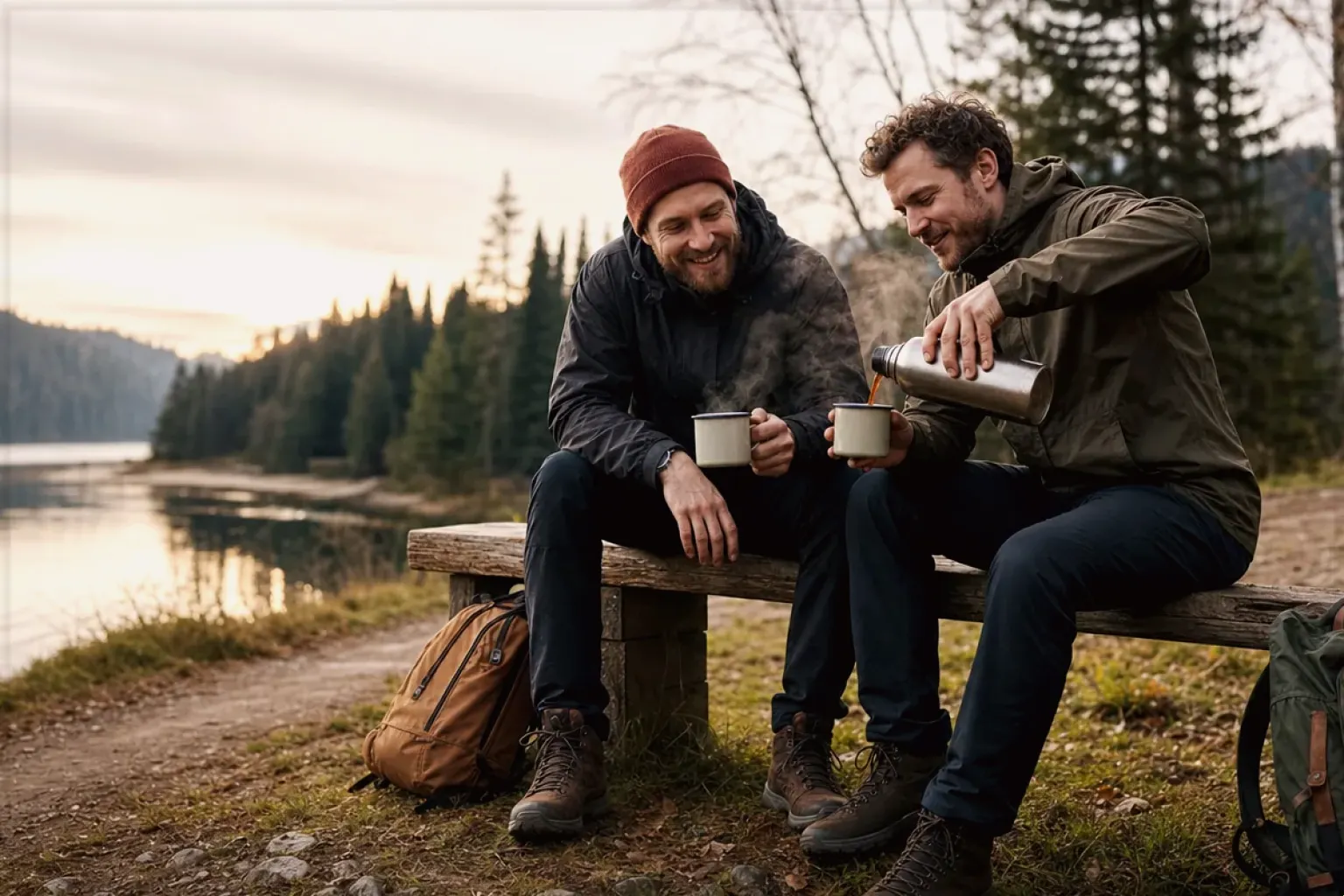 Zwei Freunde teilen auf einer Wanderung heißen Kaffee aus einer Thermoskanne am See – gezeigt für Comandante C40 MK4 im Produktprofil.