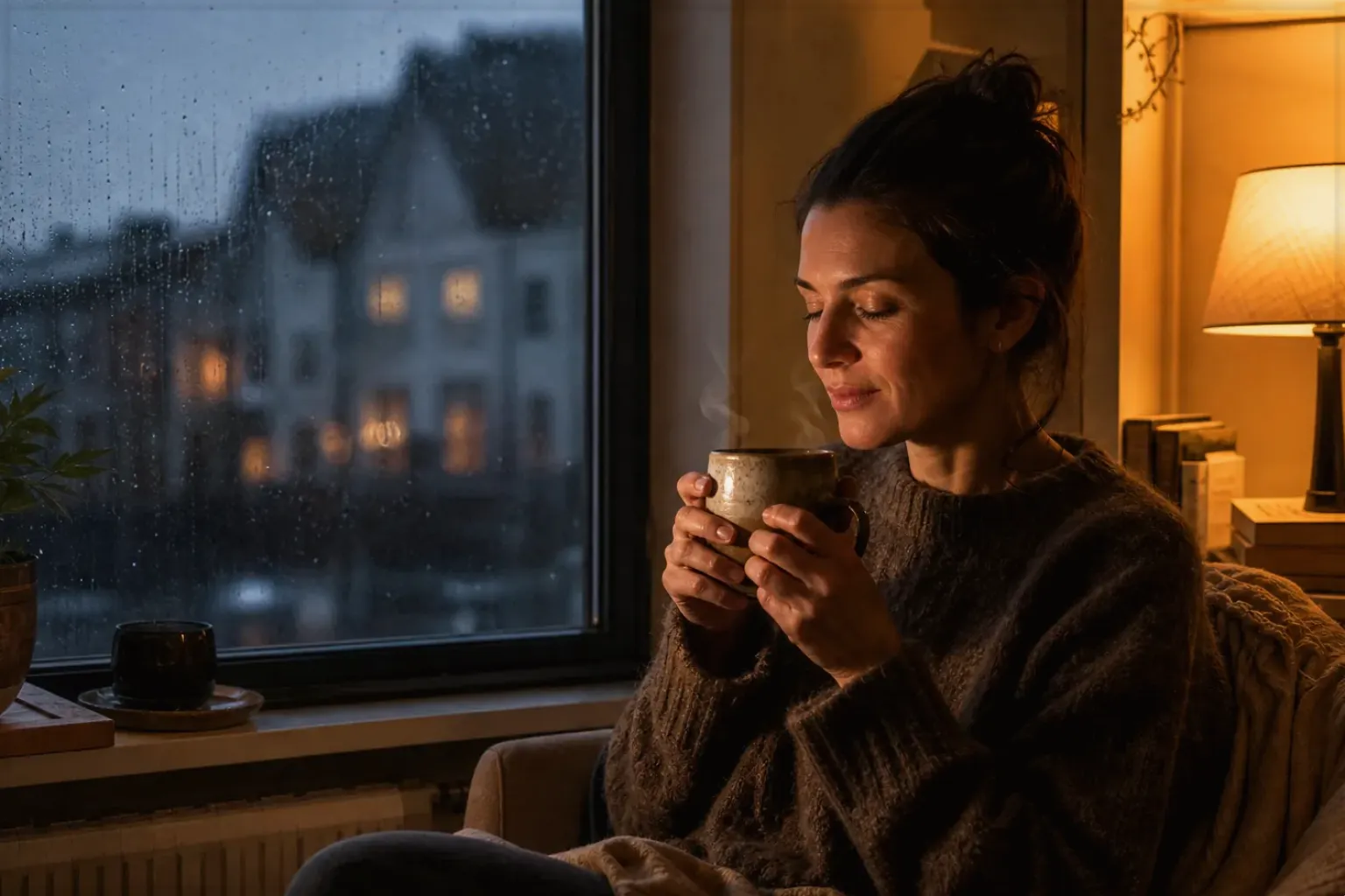Eine Frau genießt an einem regnerischen Abend ruhig eine warme Tasse Kaffee am Fenster – gezeigt für Comandante C40 MK4 im Produktprofil.