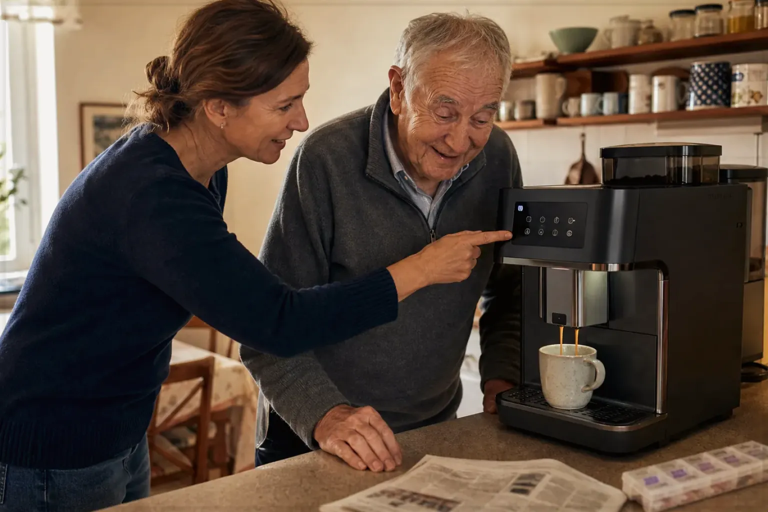 Eine erwachsene Tochter erklärt ihrem Vater verständlich die Bedienung eines Kaffeevollautomaten.