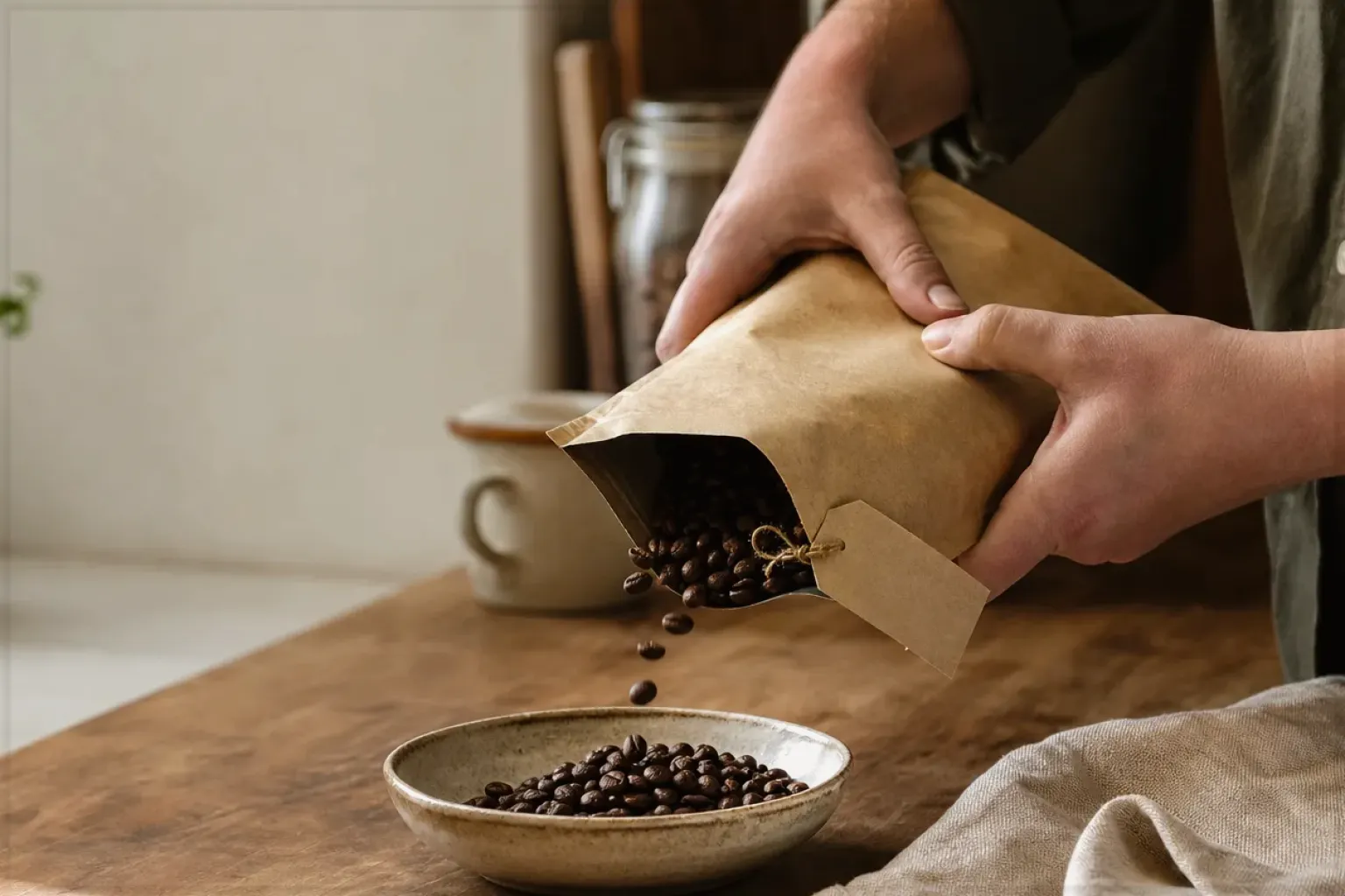 Hände füllen frisch geröstete Kaffeebohnen aus einer Papiertüte in eine Keramikschale – gezeigt für Dallmayr Crema d’Oro im Produktprofil.