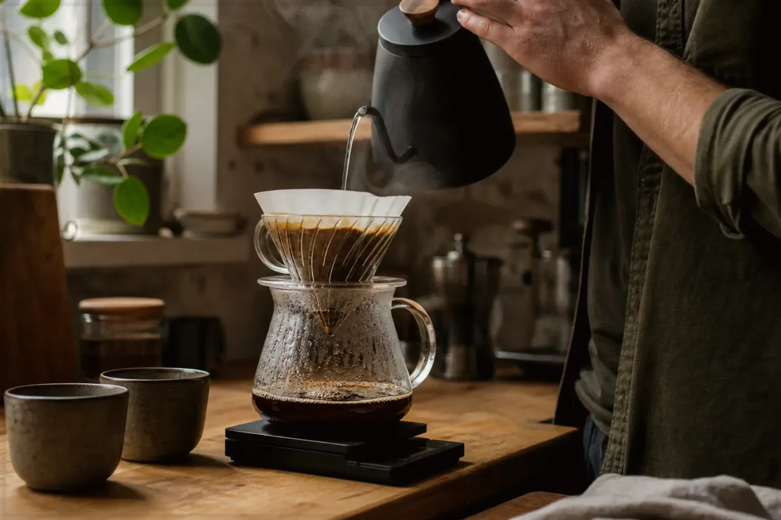 Filterkaffee wird mit einem Schwanenhalskessel von Hand in einer Küche aufgegossen – gezeigt für Dallmayr Crema d’Oro im Produktprofil.