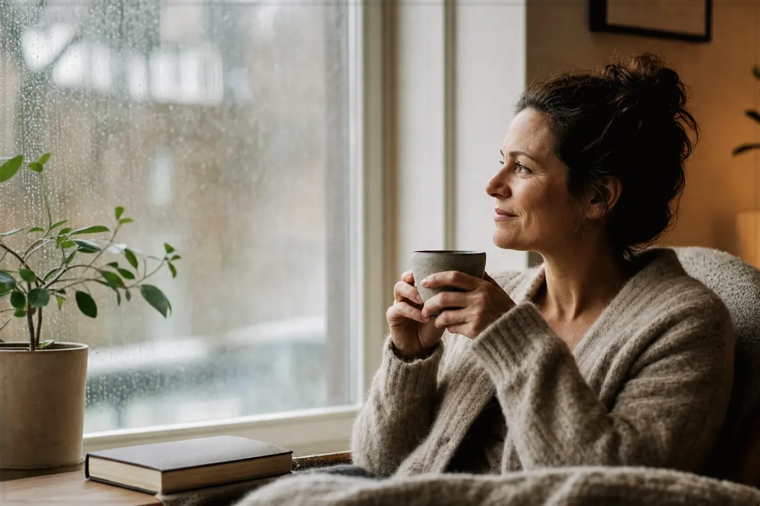 Eine Frau genießt an einem regnerischen Nachmittag ruhig eine Tasse Kaffee am Fenster – gezeigt für Dallmayr Crema d’Oro im Produktprofil.