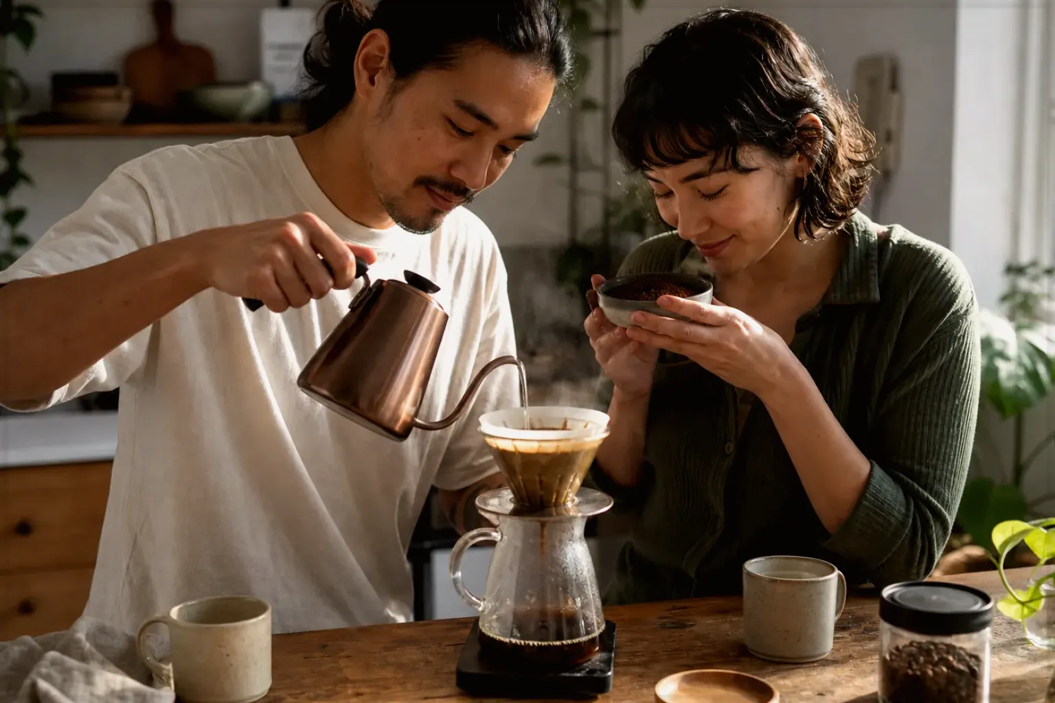 Zwei Menschen bereiten am Wochenende gemeinsam Filterkaffee mit einem Handfilter zu – gezeigt für Dallmayr Crema d’Oro im Produktprofil.