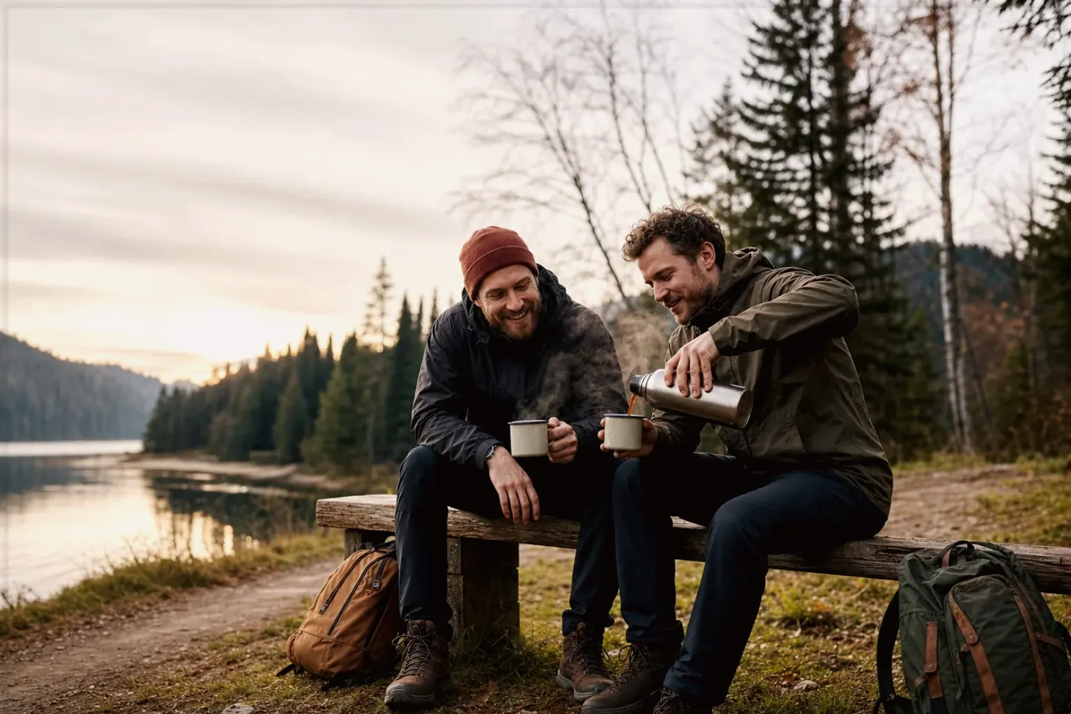 Zwei Freunde teilen auf einer Wanderung heißen Kaffee aus einer Thermoskanne am See – gezeigt für Dallmayr Crema d’Oro im Produktprofil.