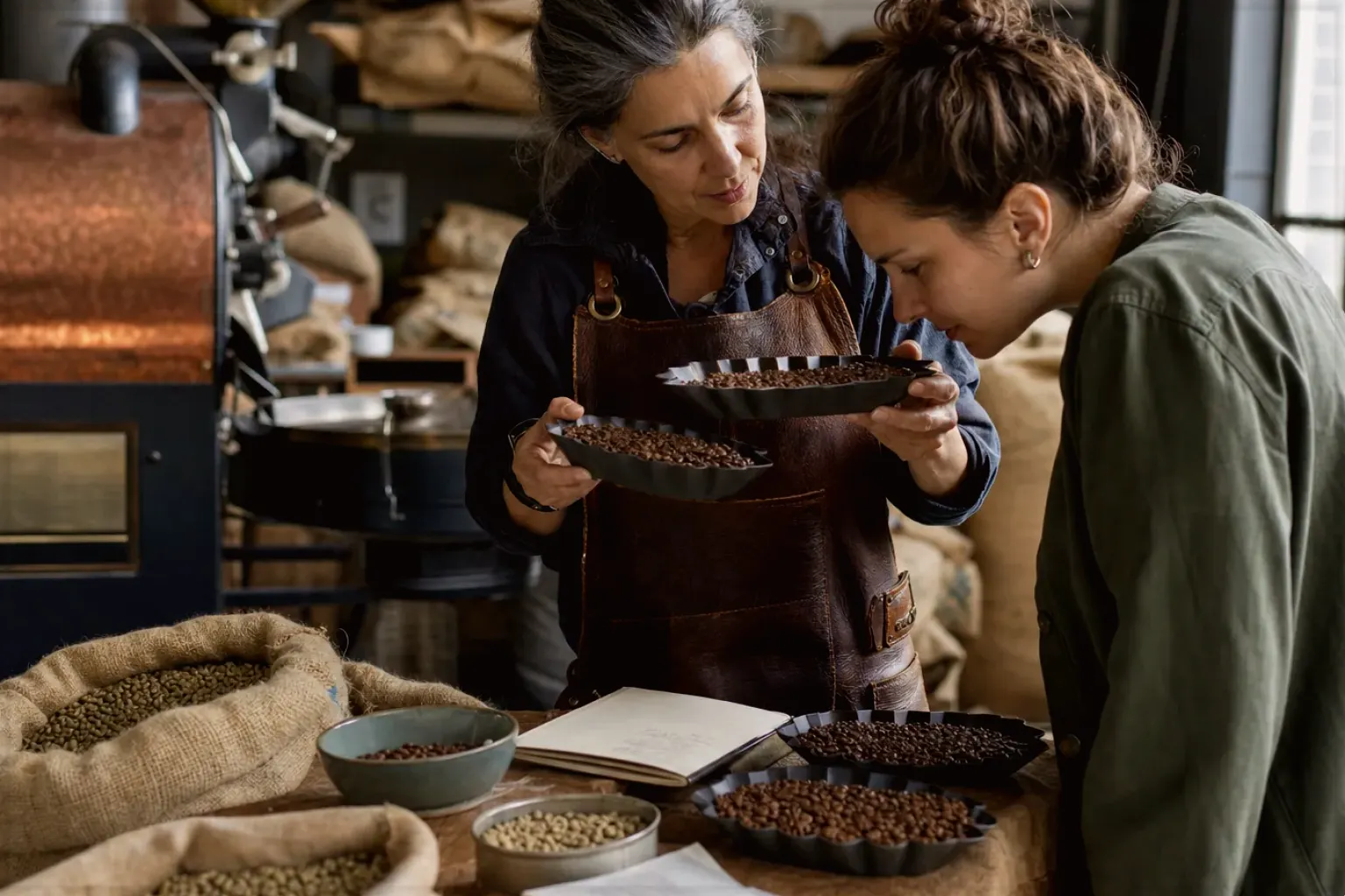 Eine Kaffeerösterin lässt eine Kundin in einer kleinen Rösterei verschiedene frisch geröstete Bohnen riechen – gezeigt für Dallmayr Crema d’Oro im Produktprofil.