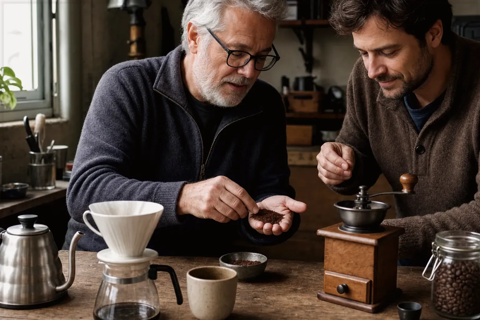 Ein älterer Kaffeeliebhaber zeigt einem jüngeren Erwachsenen gemahlenen Kaffee neben Handmühle und Filter – gezeigt für Dallmayr Crema d’Oro im Produktprofil.
