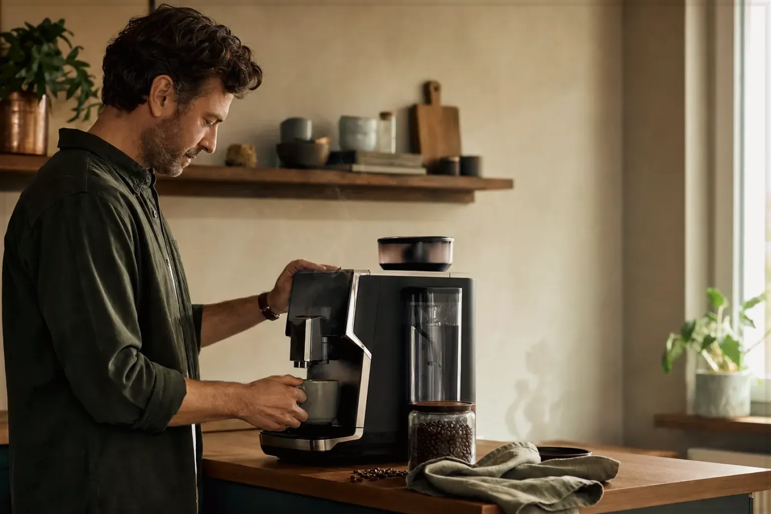 Ein Mann bereitet morgens Kaffee in seiner Küche zu – gezeigt für Dallmayr Crema d’Oro im Produktprofil.
