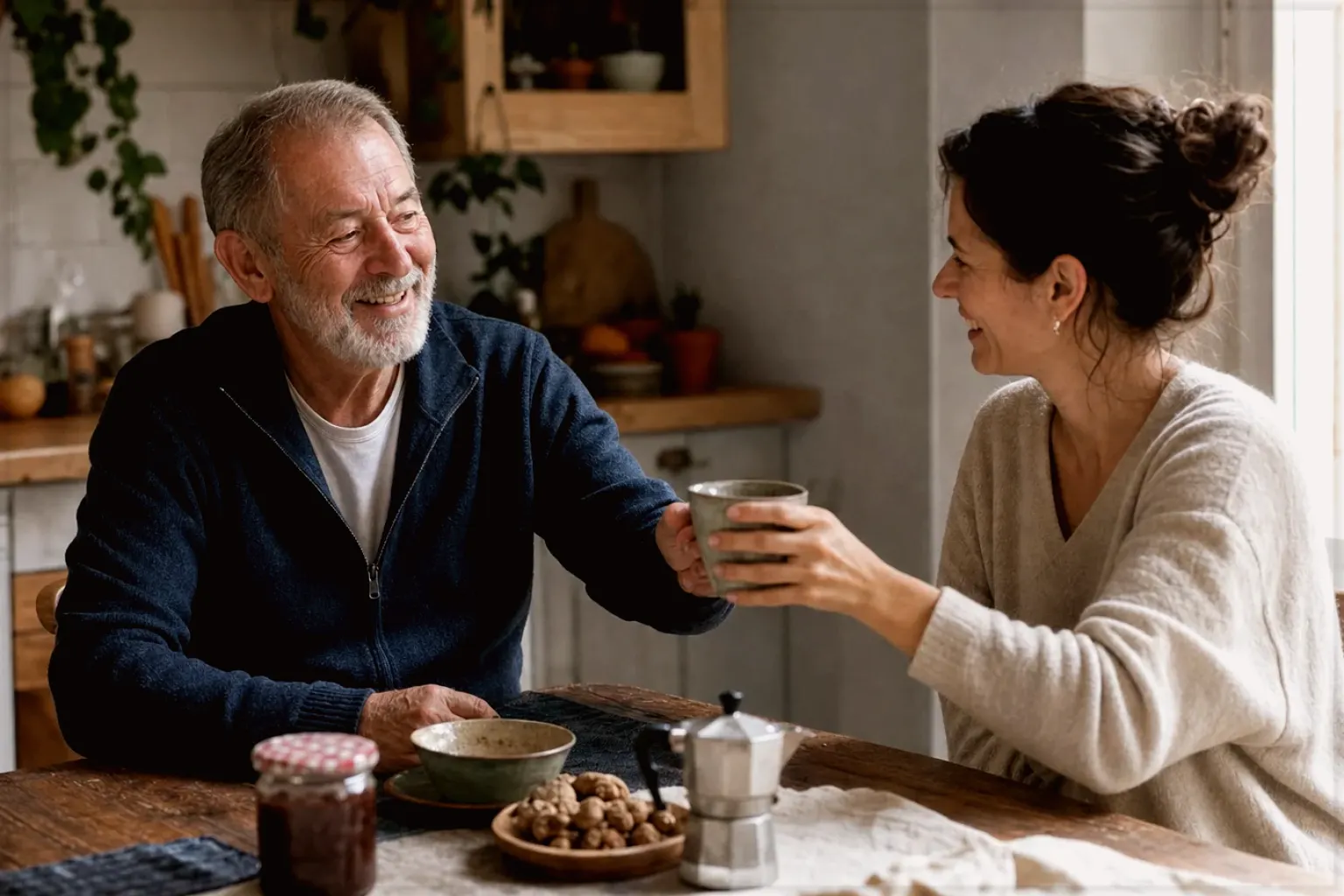 Eine erwachsene Tochter und ihr älterer Vater lachen gemeinsam beim Kaffee in ihrer Küche – gezeigt für Dallmayr Crema d’Oro im Produktprofil.