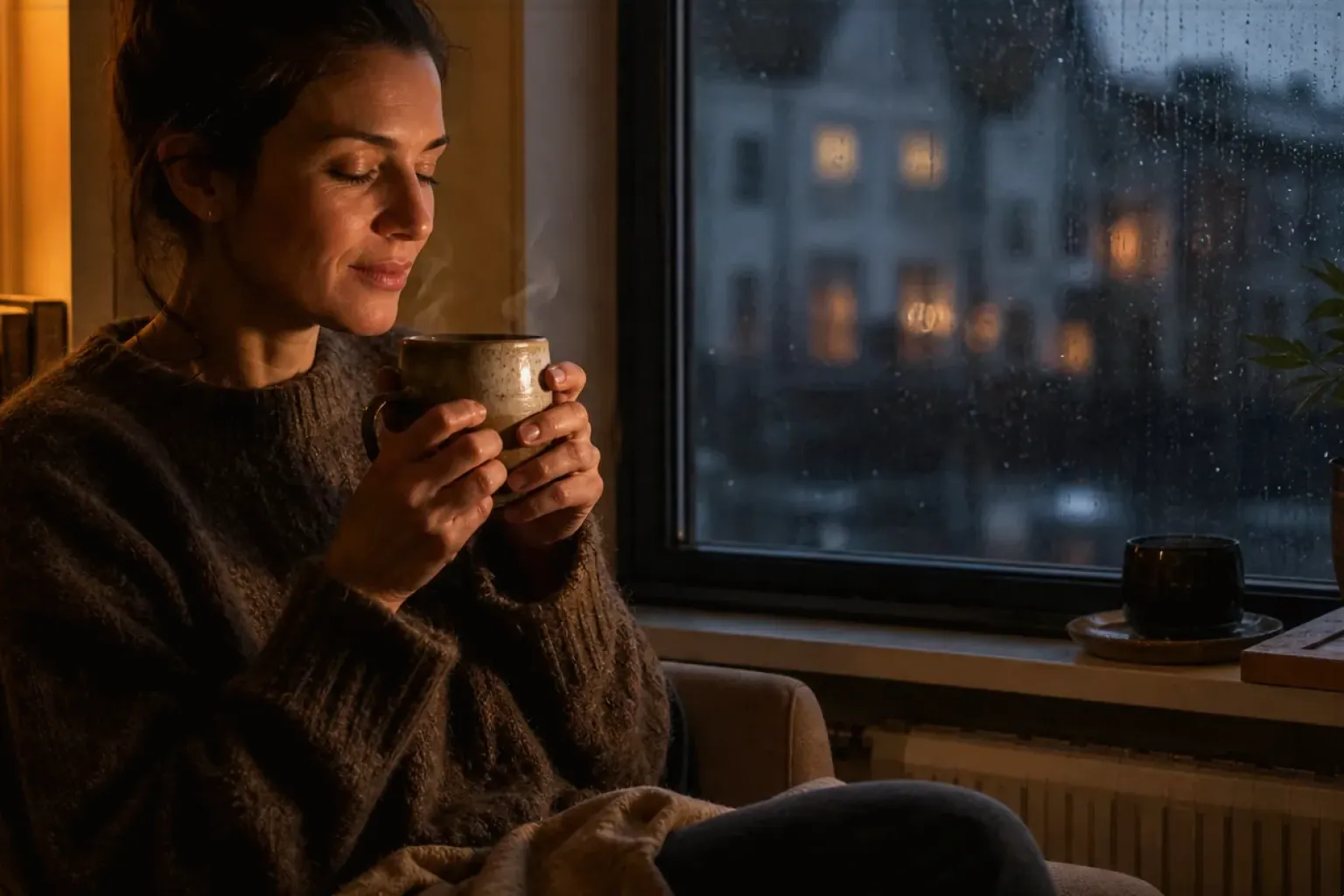 Eine Frau genießt an einem regnerischen Abend ruhig eine warme Tasse Kaffee am Fenster – gezeigt für Dallmayr Crema d’Oro im Produktprofil.