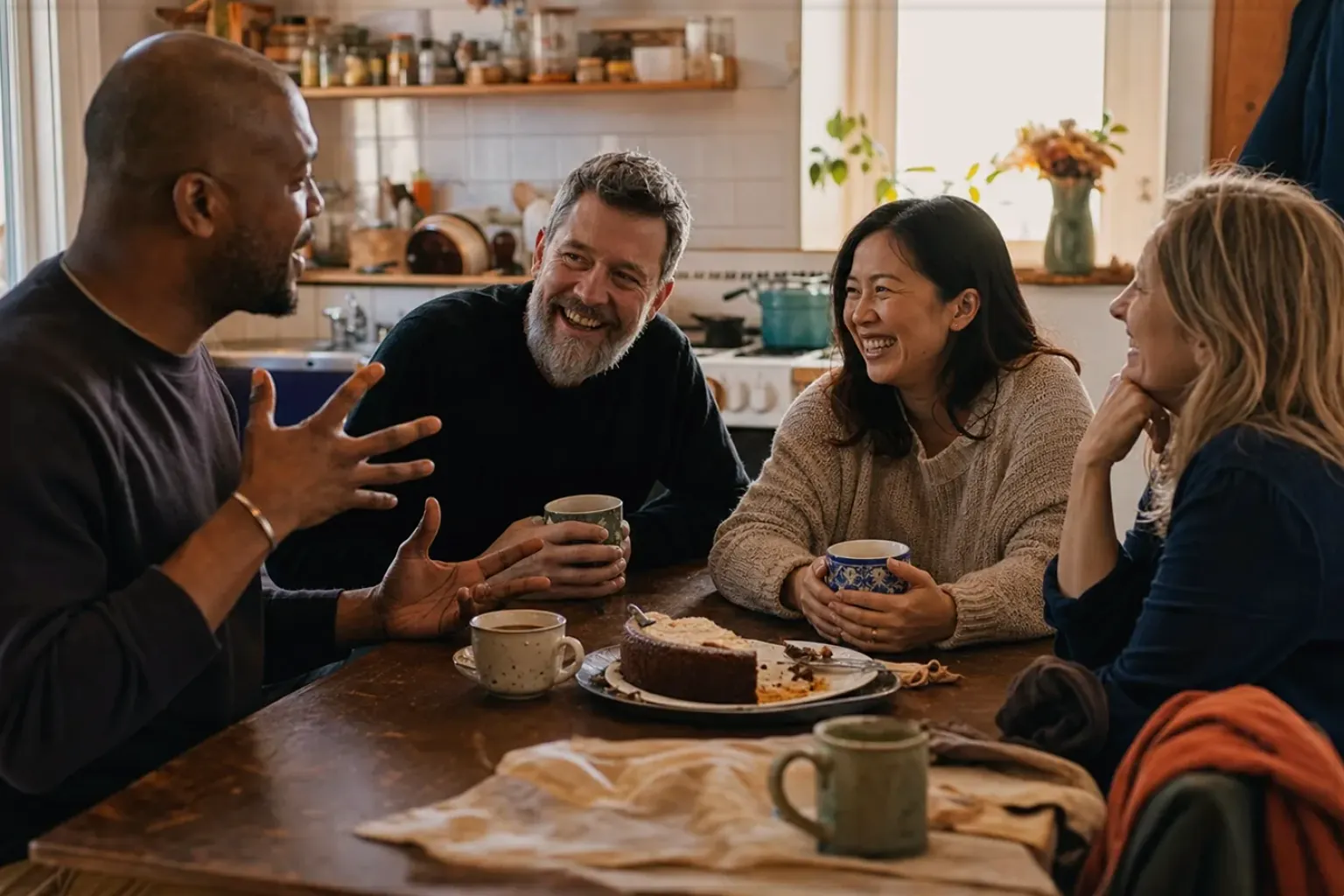 Vier erwachsene Freunde lachen gemeinsam bei Kaffee und selbst gebackenem Kuchen – gezeigt für Dallmayr Crema d’Oro im Produktprofil.
