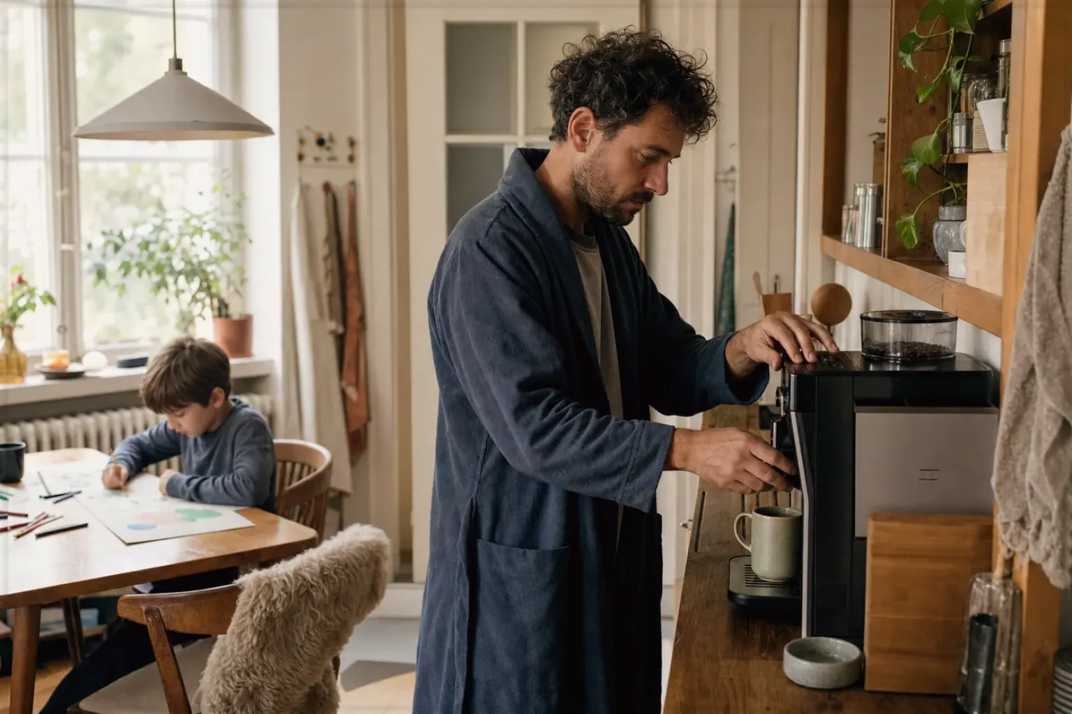 Ein Vater bereitet morgens Kaffee zu, während sein Kind am Küchentisch malt – gezeigt für Dallmayr Crema d’Oro im Produktprofil.