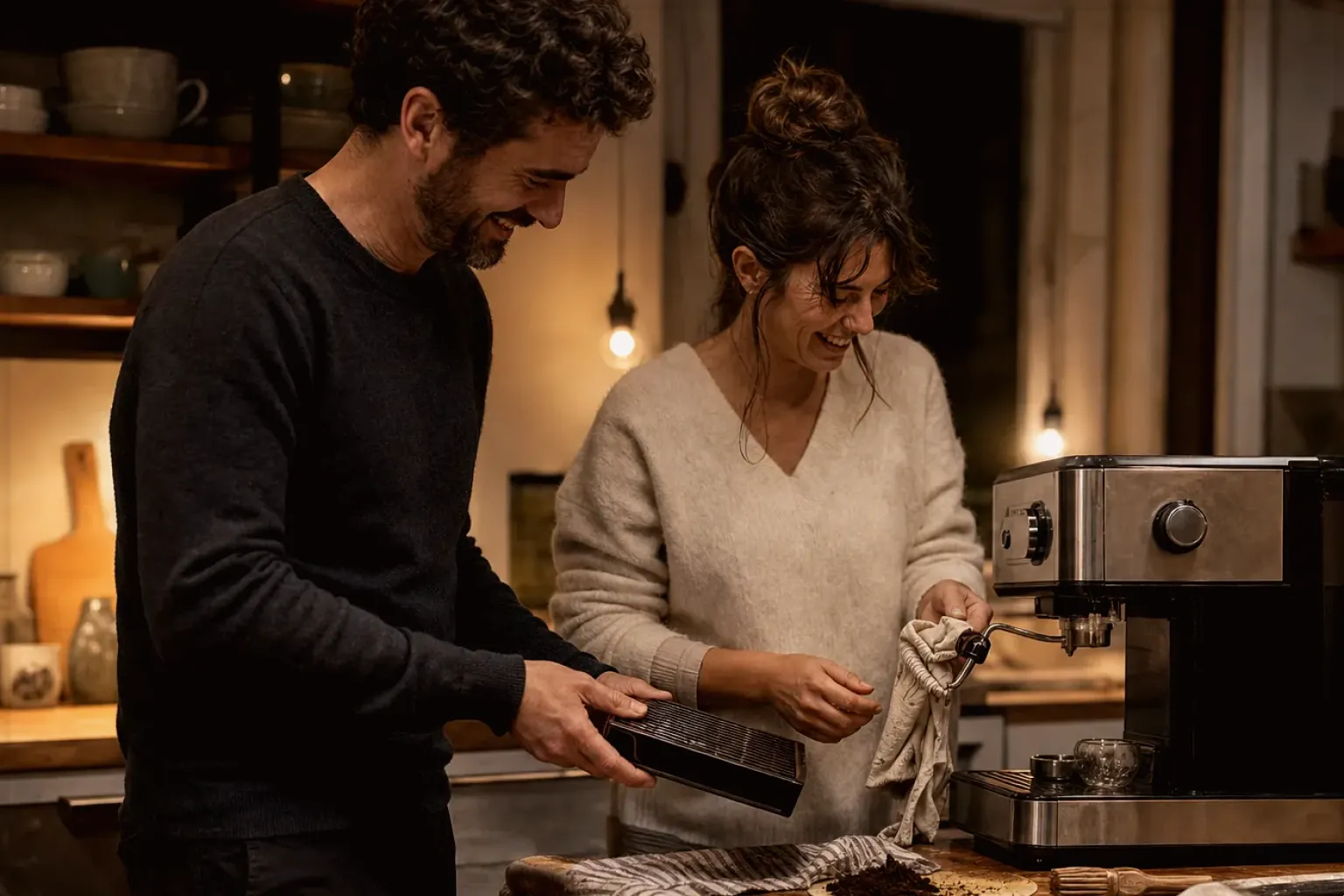 Ein Paar reinigt am Abend gemeinsam und gut gelaunt seine Espressomaschine in der Küche – gezeigt für Dallmayr Crema d’Oro im Produktprofil.
