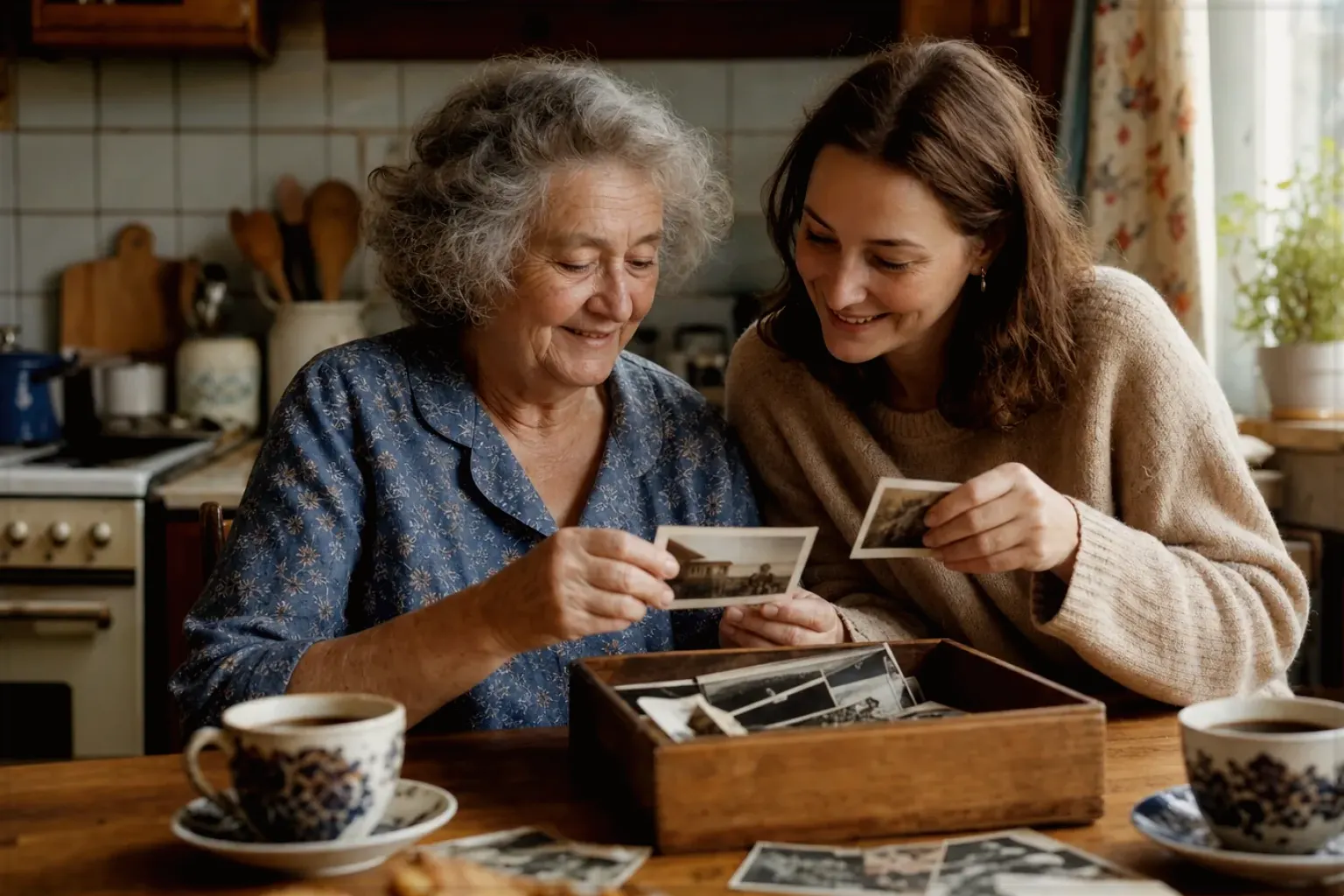 Eine ältere Frau und ihre erwachsene Enkelin betrachten bei Kaffee gemeinsam alte Familienfotos – gezeigt für Dallmayr Crema d’Oro im Produktprofil.