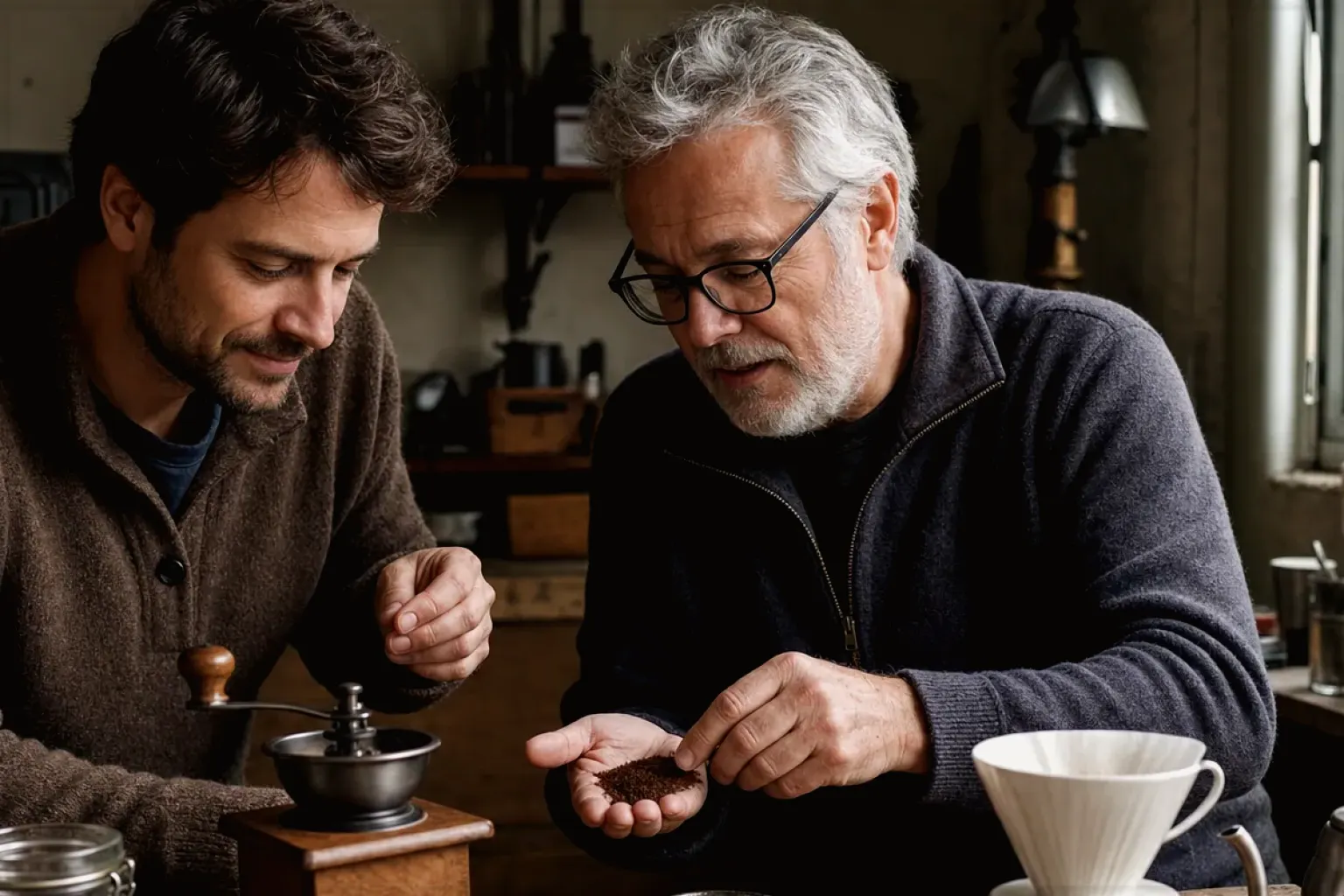 Ein erfahrener Kaffeeliebhaber erklärt einem jüngeren Erwachsenen Mahlgrad und Kaffeetextur.