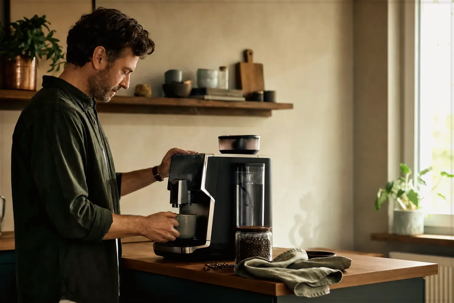 Ein Mann bereitet morgens Kaffee an einem Vollautomaten in seiner Küche zu – gezeigt für De’Longhi Magnifica Start ECAM220.60.B im Produktprofil.