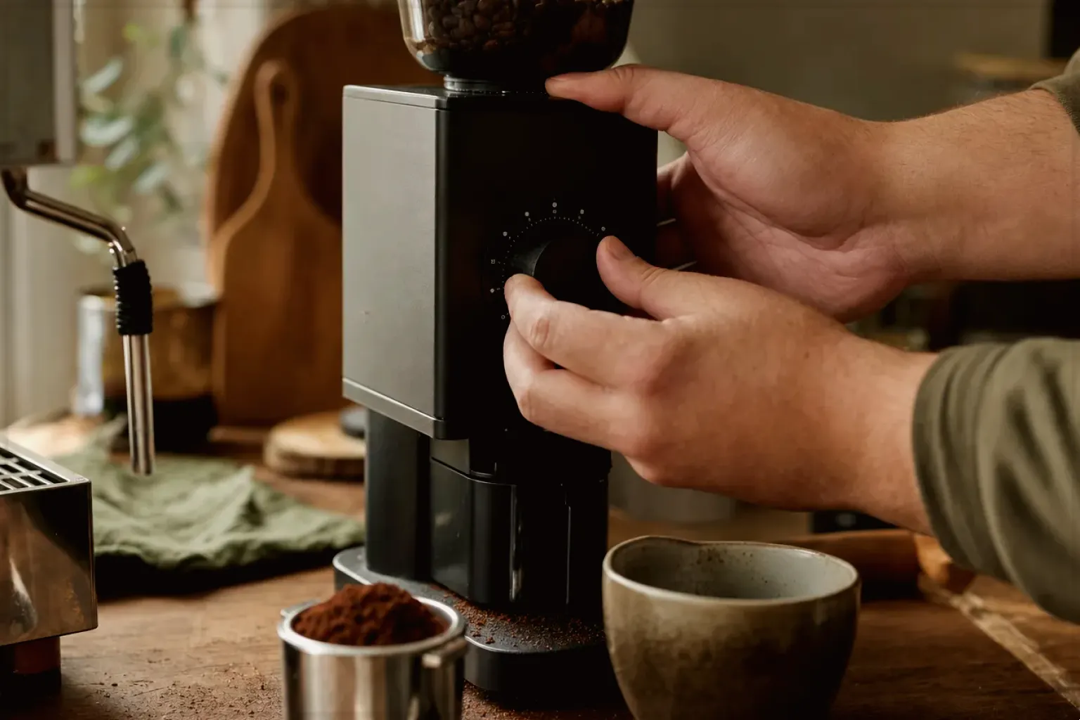 Zwei Hände stellen den Mahlgrad an einer Kaffeemühle neben einer Espressomaschine ein – gezeigt für De’Longhi Magnifica Start ECAM220.60.B im Produktprofil.