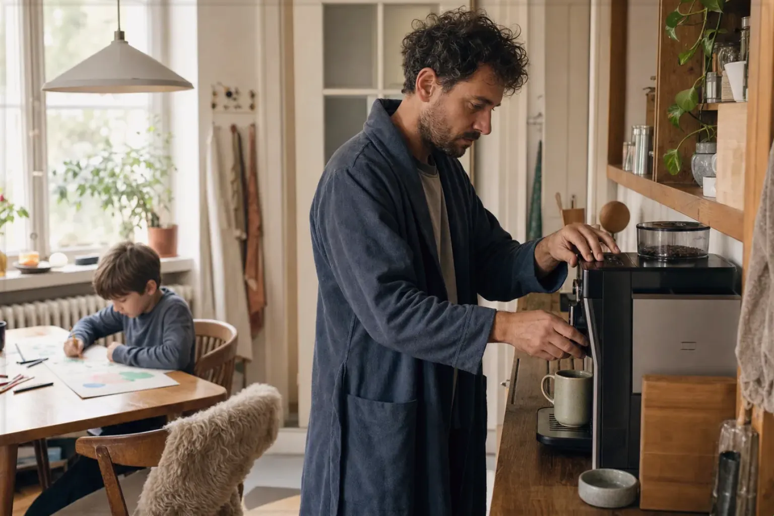 Ein Vater bereitet morgens Kaffee am Vollautomaten zu, während sein Kind am Küchentisch malt – gezeigt für De’Longhi Magnifica Start ECAM220.60.B im Produktprofil.