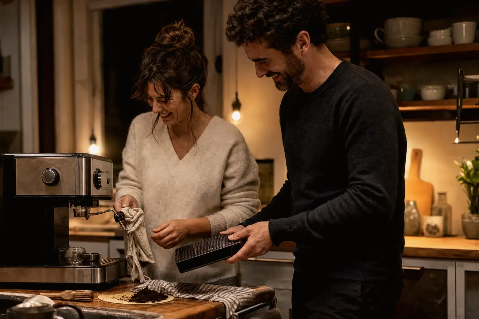 Ein Paar reinigt am Abend gemeinsam und gut gelaunt seine Espressomaschine in der Küche – gezeigt für De’Longhi Magnifica Start ECAM220.60.B im Produktprofil.