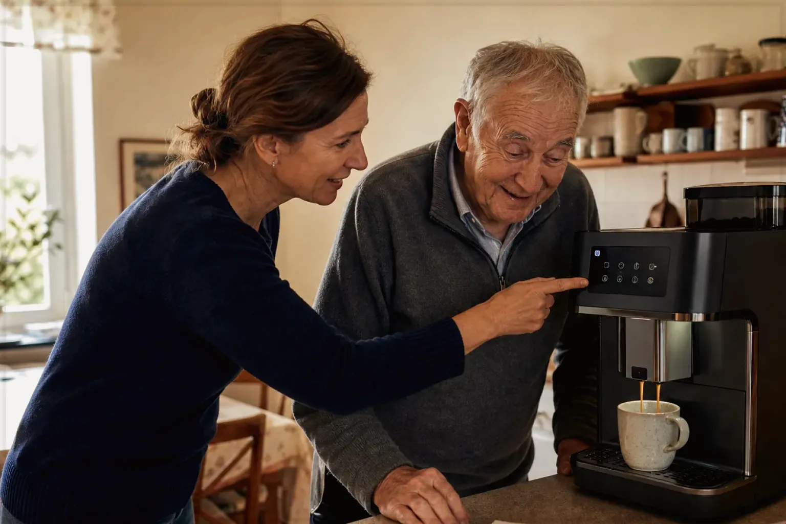 Eine erwachsene Tochter erklärt ihrem älteren Vater in seiner Küche einen Kaffeevollautomaten – gezeigt für De’Longhi Magnifica Start ECAM220.60.B im Produktprofil.