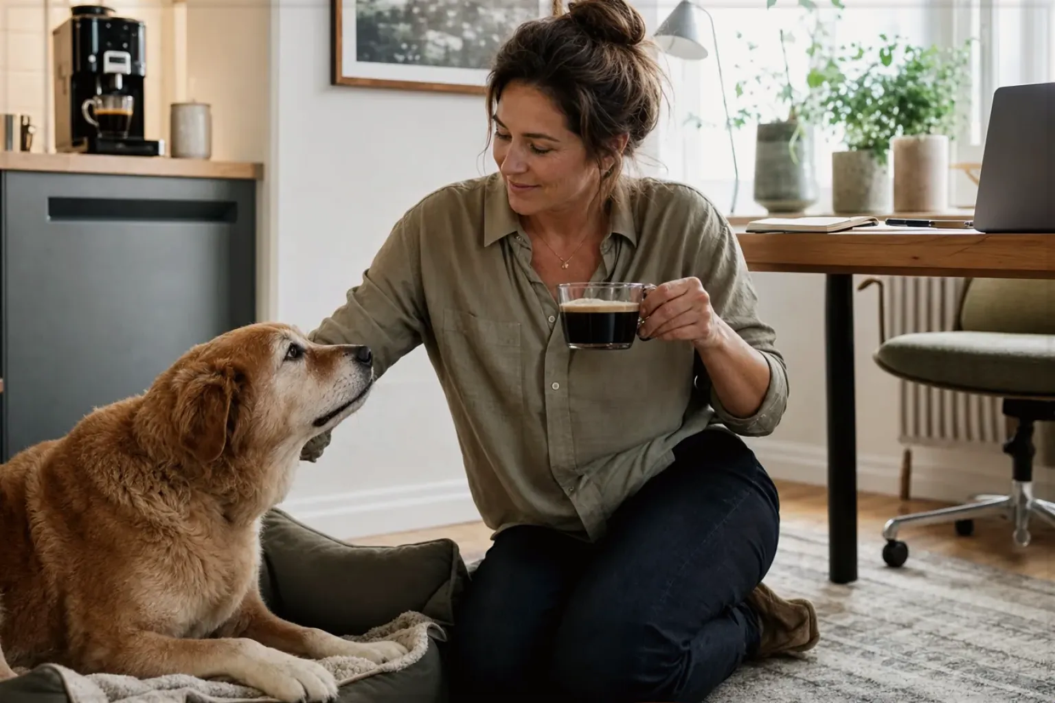 Eine Frau genießt im Homeoffice eine Kaffeepause bei ihrem älteren Hund – gezeigt für De’Longhi Magnifica Start ECAM220.60.B im Produktprofil.
