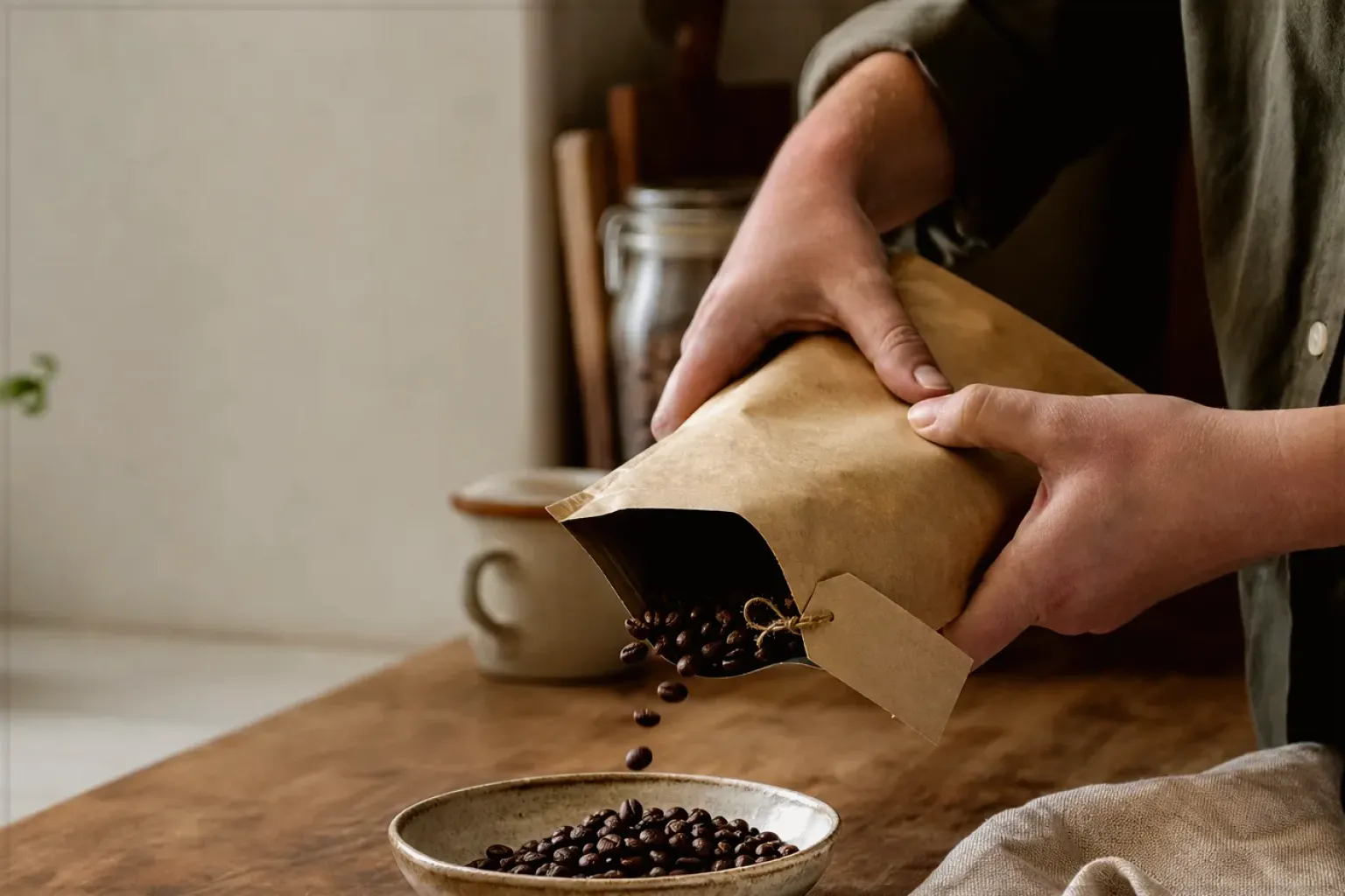Hände füllen frisch geröstete Kaffeebohnen aus einer Papiertüte in eine Keramikschale – gezeigt für De’Longhi Magnifica Start ECAM220.60.B im Produktprofil.