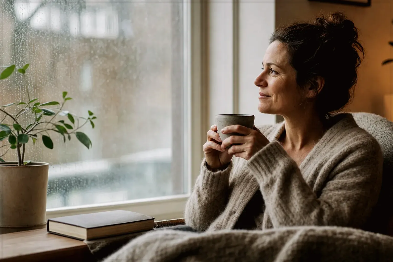 Eine Frau genießt an einem regnerischen Nachmittag ruhig eine Tasse Kaffee am Fenster – gezeigt für De’Longhi Magnifica Start ECAM220.60.B im Produktprofil.