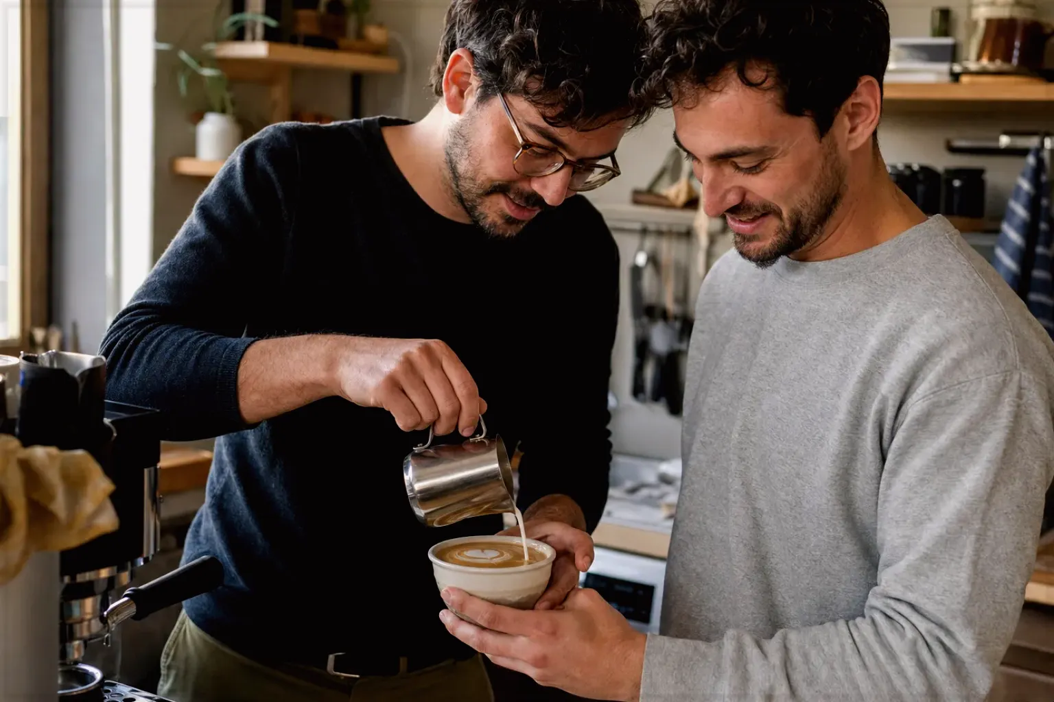 Zwei Freunde freuen sich in einer kleinen Küche über ihre gemeinsam gegossene Latte Art – gezeigt für De’Longhi Magnifica Start ECAM220.60.B im Produktprofil.