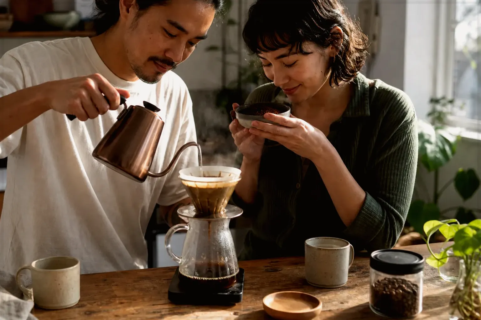 Zwei Menschen bereiten am Wochenende gemeinsam Filterkaffee mit einem Handfilter zu – gezeigt für De’Longhi Magnifica Start ECAM220.60.B im Produktprofil.