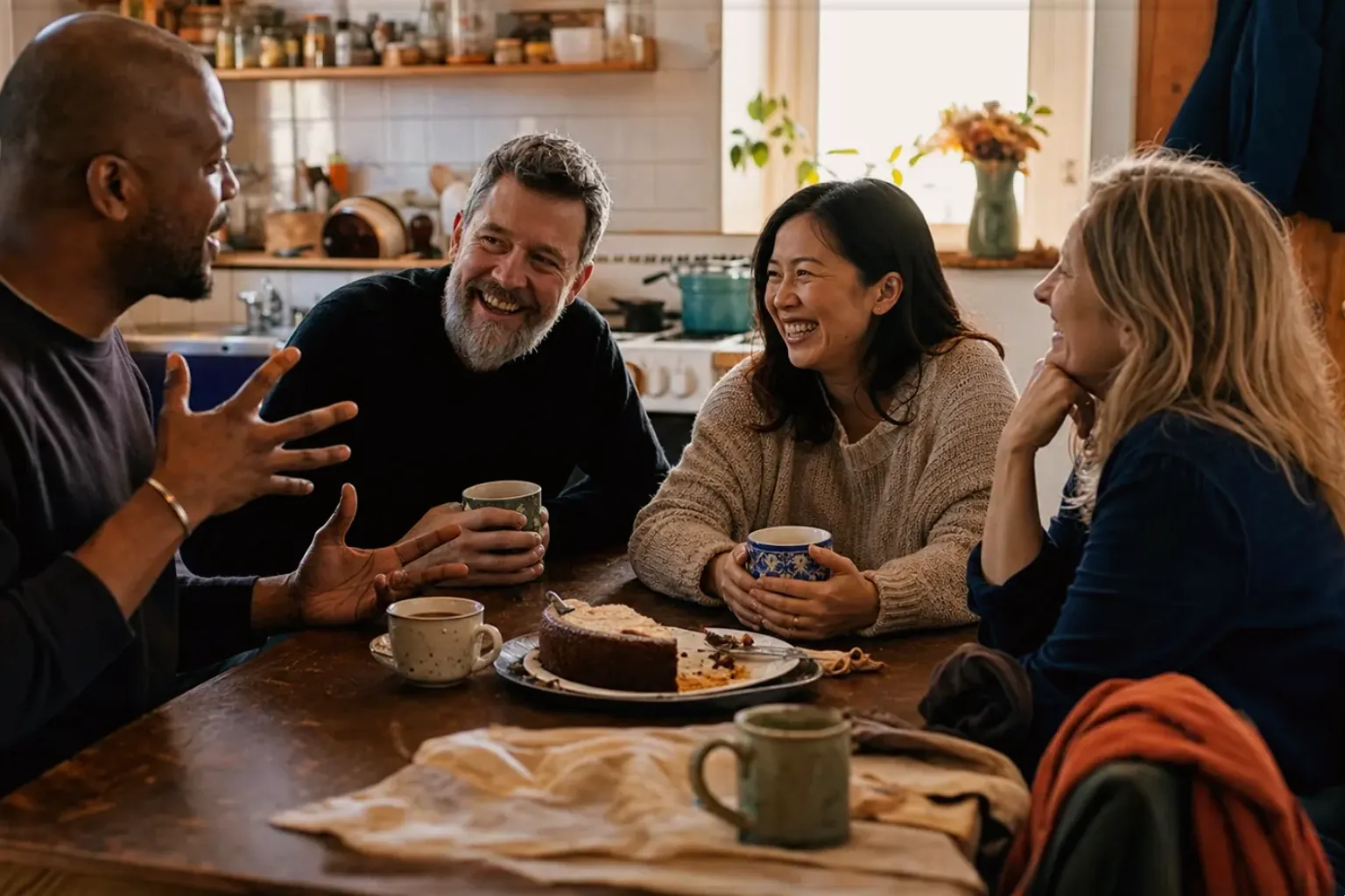 Vier erwachsene Freunde lachen gemeinsam bei Kaffee und selbst gebackenem Kuchen – gezeigt für De’Longhi Magnifica Start ECAM220.60.B im Produktprofil.
