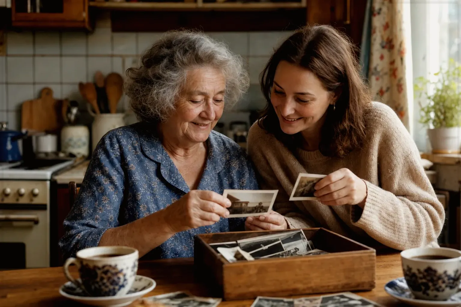 Eine ältere Frau und ihre erwachsene Enkelin betrachten bei Kaffee gemeinsam alte Familienfotos – gezeigt für De’Longhi Magnifica Start ECAM220.60.B im Produktprofil.