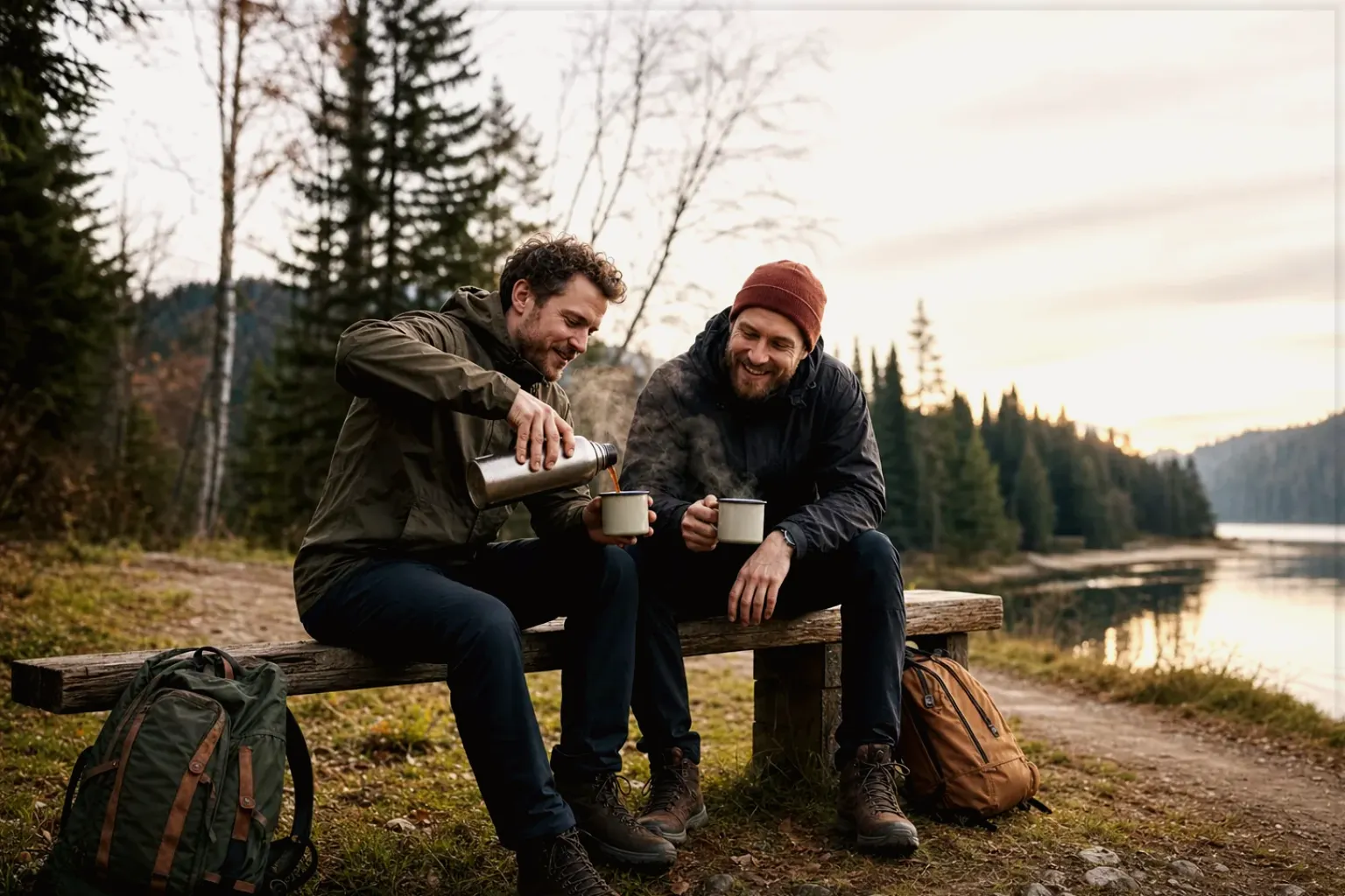Zwei Freunde teilen auf einer Wanderung heißen Kaffee aus einer Thermoskanne am See – gezeigt für De’Longhi Magnifica Start ECAM220.60.B im Produktprofil.