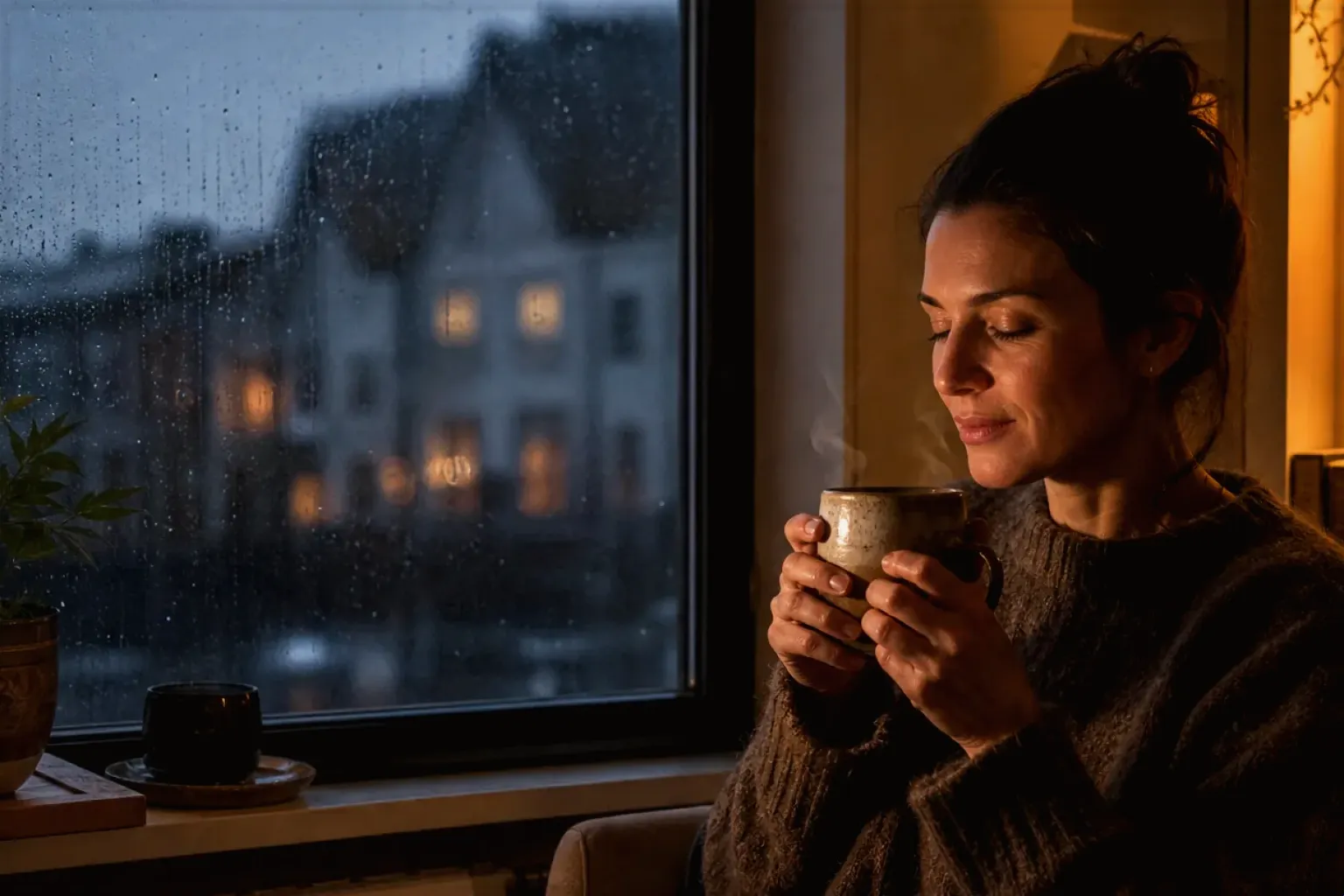 Eine Frau genießt an einem regnerischen Abend ruhig eine warme Tasse Kaffee am Fenster – gezeigt für De’Longhi Magnifica Start ECAM220.60.B im Produktprofil.