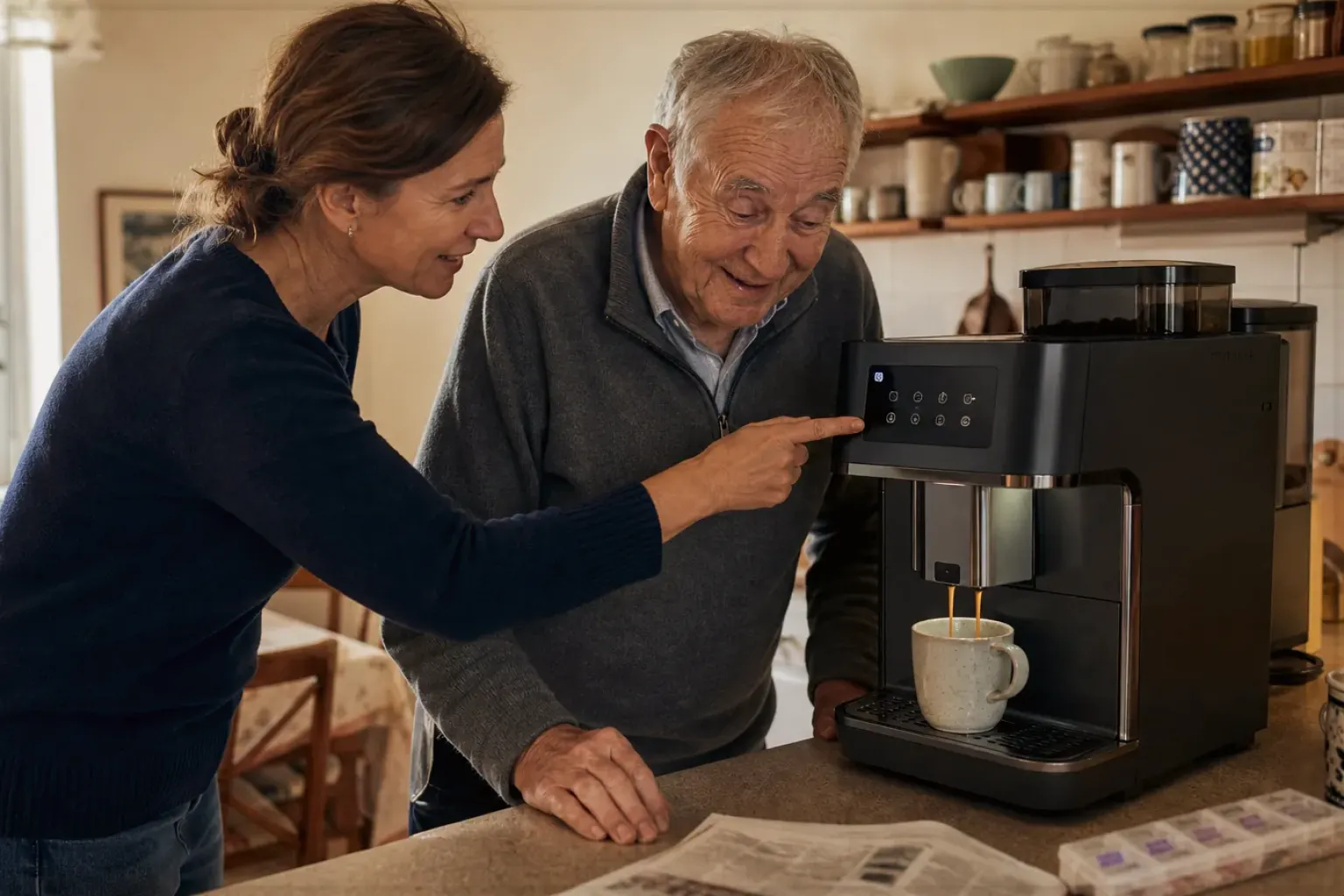 Eine erwachsene Tochter erklärt ihrem Vater verständlich die Bedienung eines Kaffeevollautomaten.