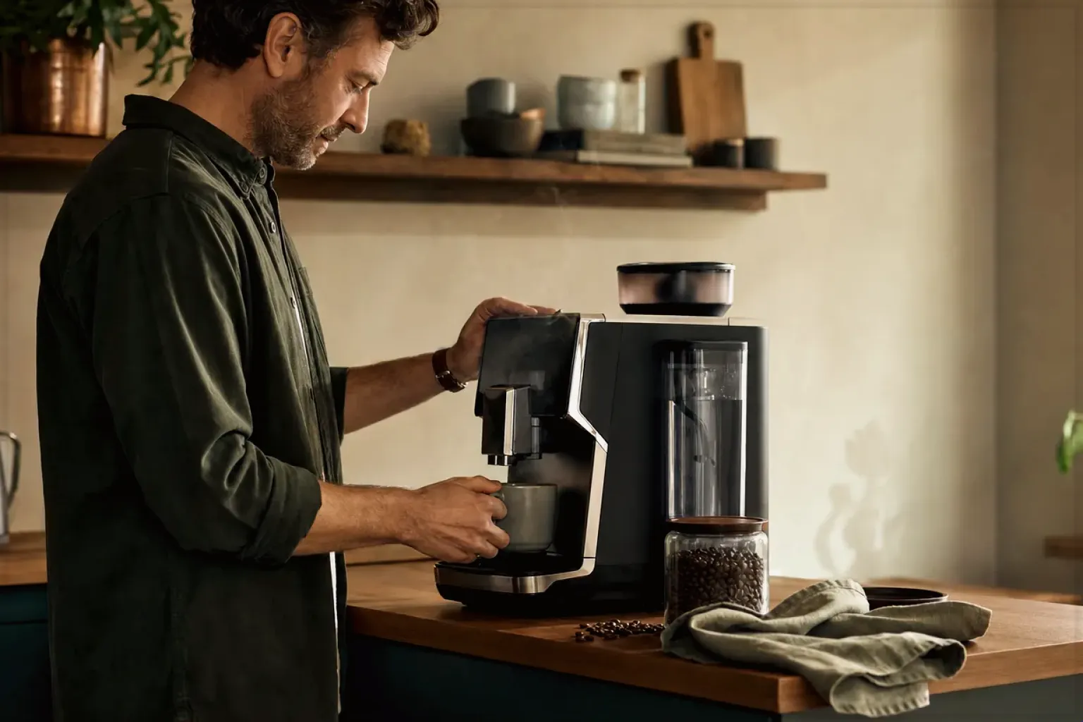 Ein Mann bereitet morgens Kaffee an einem Vollautomaten in seiner Küche zu – gezeigt für Eureka Mignon Specialità im Produktprofil.