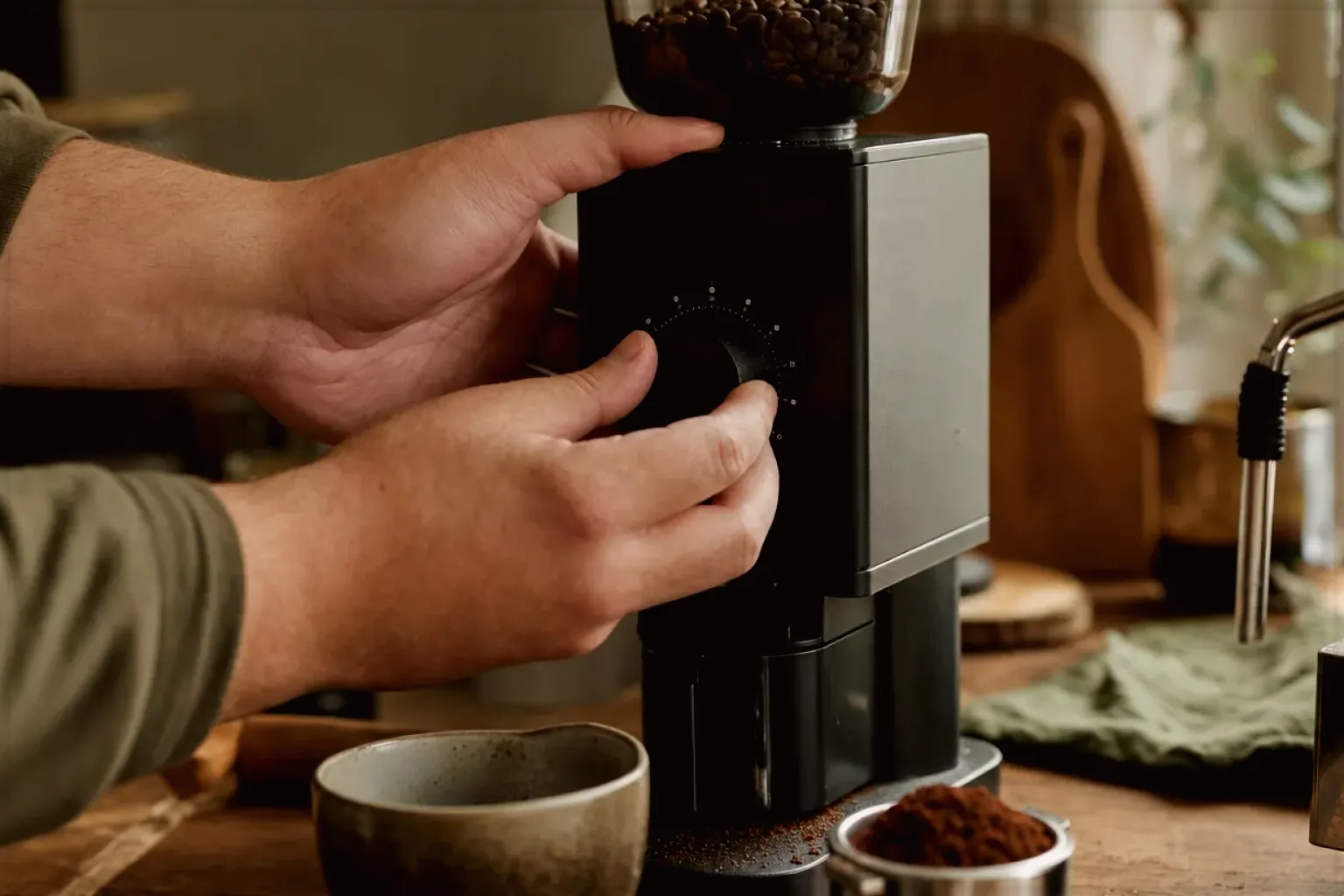 Zwei Hände stellen den Mahlgrad an einer Kaffeemühle neben einer Espressomaschine ein – gezeigt für Eureka Mignon Specialità im Produktprofil.