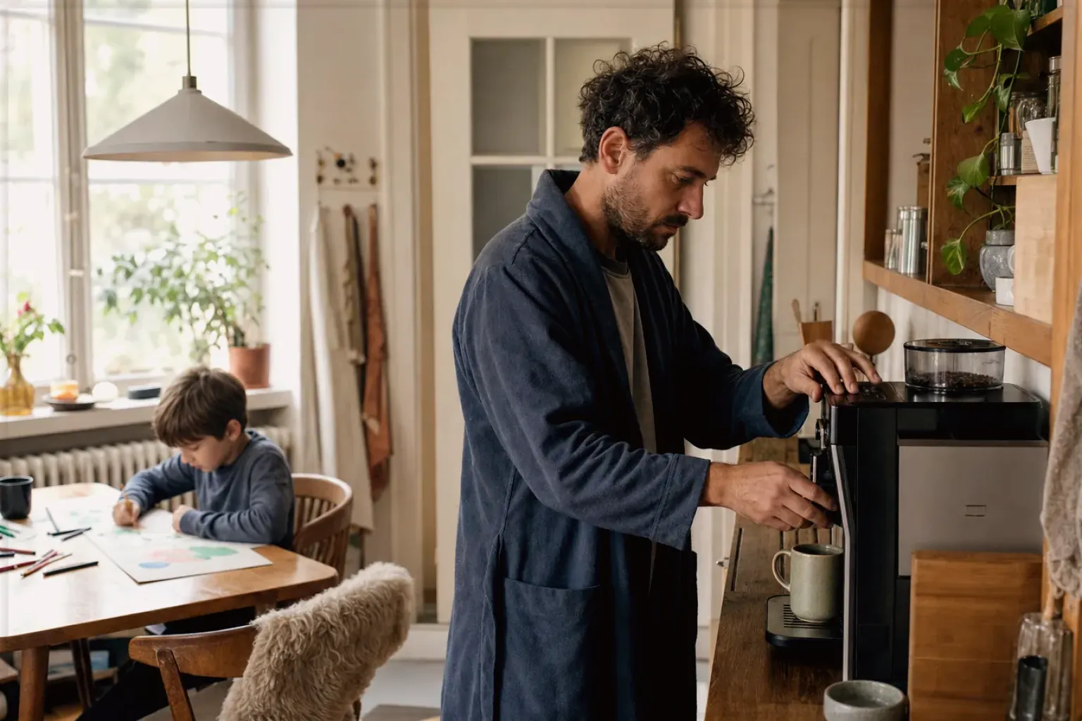 Ein Vater bereitet morgens Kaffee am Vollautomaten zu, während sein Kind am Küchentisch malt – gezeigt für Eureka Mignon Specialità im Produktprofil.