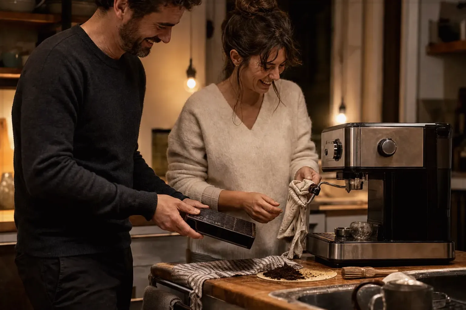 Ein Paar reinigt am Abend gemeinsam und gut gelaunt seine Espressomaschine in der Küche – gezeigt für Eureka Mignon Specialità im Produktprofil.