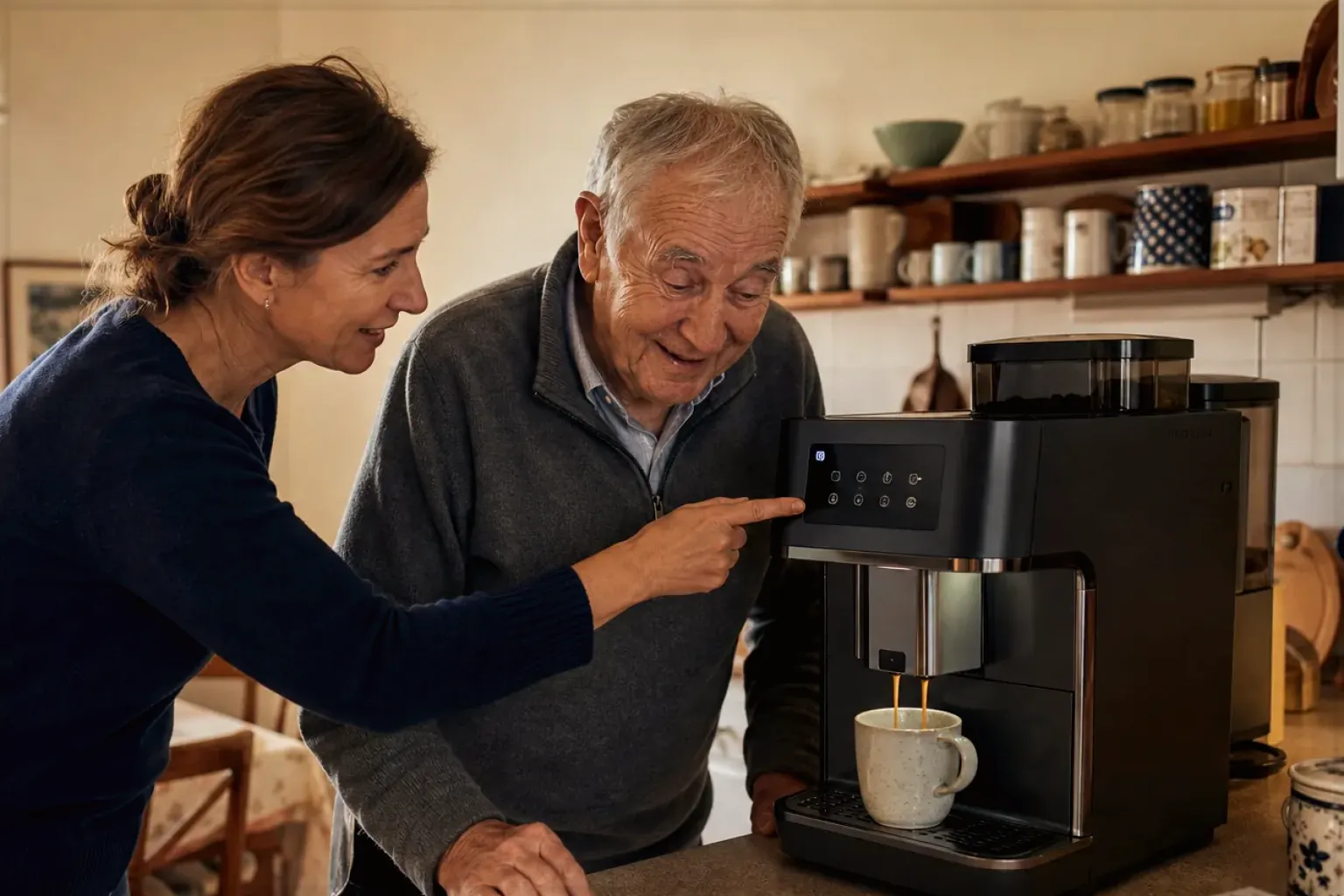 Eine erwachsene Tochter erklärt ihrem älteren Vater in seiner Küche einen Kaffeevollautomaten – gezeigt für Eureka Mignon Specialità im Produktprofil.