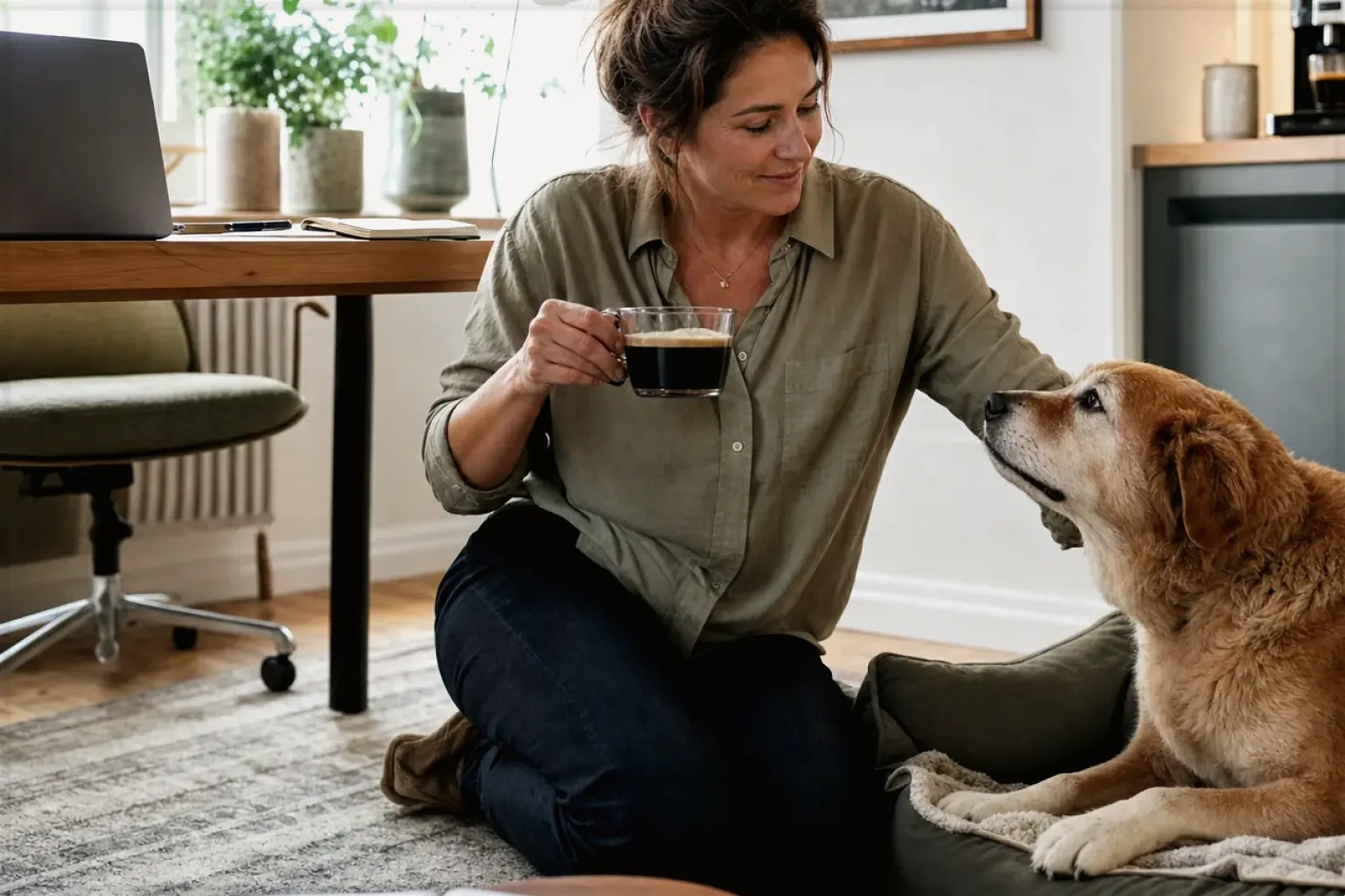 Eine Frau genießt im Homeoffice eine Kaffeepause bei ihrem älteren Hund – gezeigt für Eureka Mignon Specialità im Produktprofil.