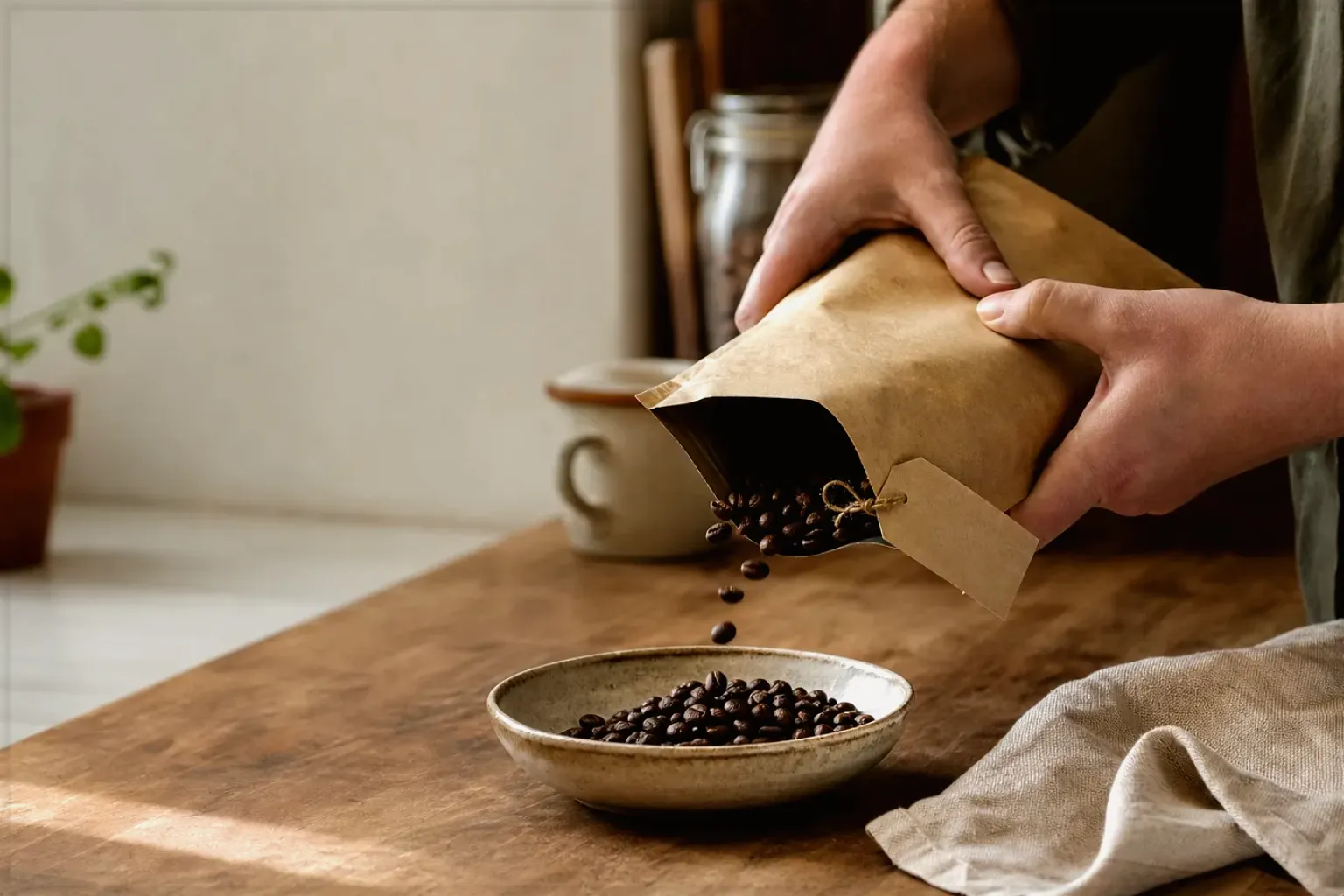 Hände füllen frisch geröstete Kaffeebohnen aus einer Papiertüte in eine Keramikschale – gezeigt für Eureka Mignon Specialità im Produktprofil.