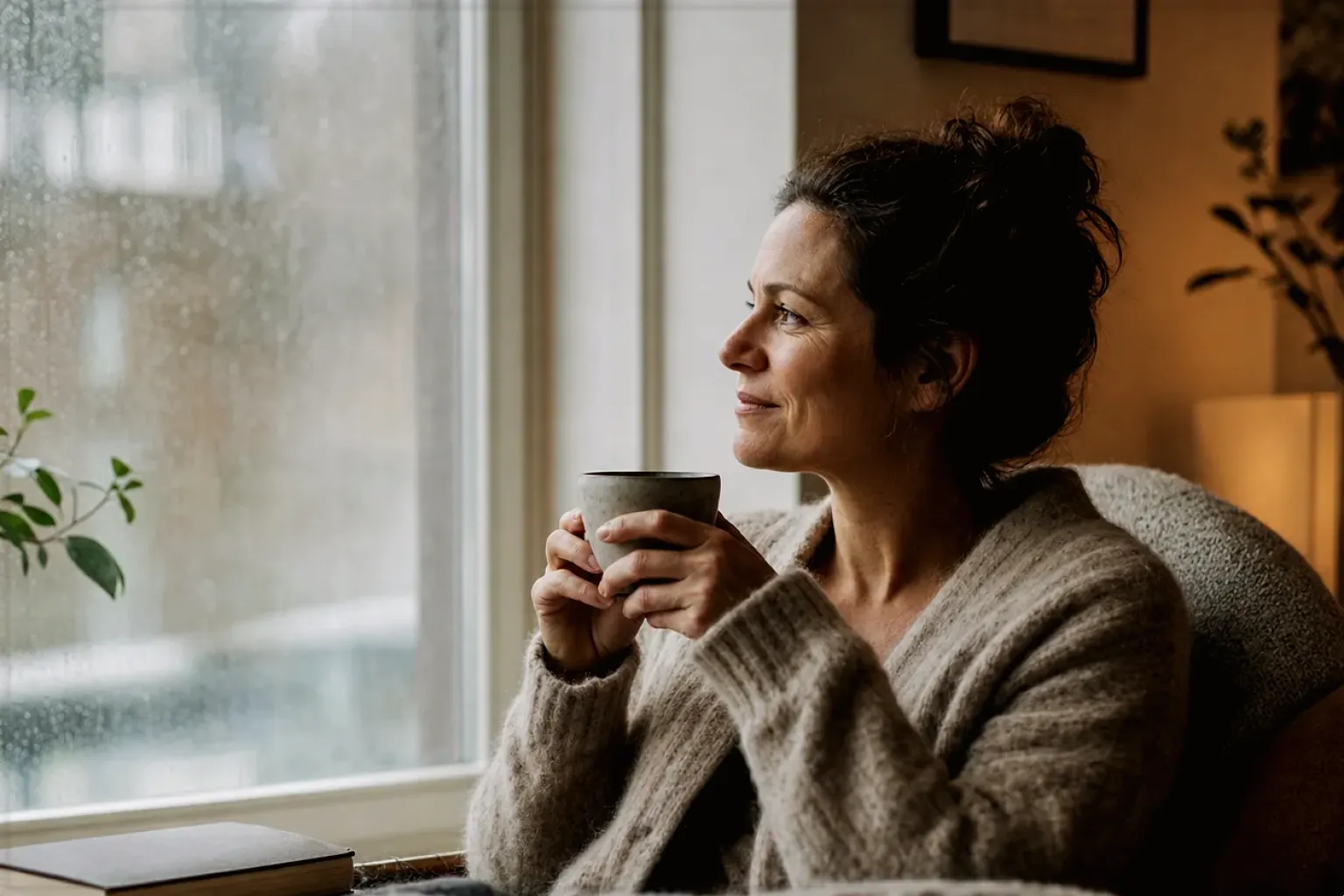 Eine Frau genießt an einem regnerischen Nachmittag ruhig eine Tasse Kaffee am Fenster – gezeigt für Eureka Mignon Specialità im Produktprofil.