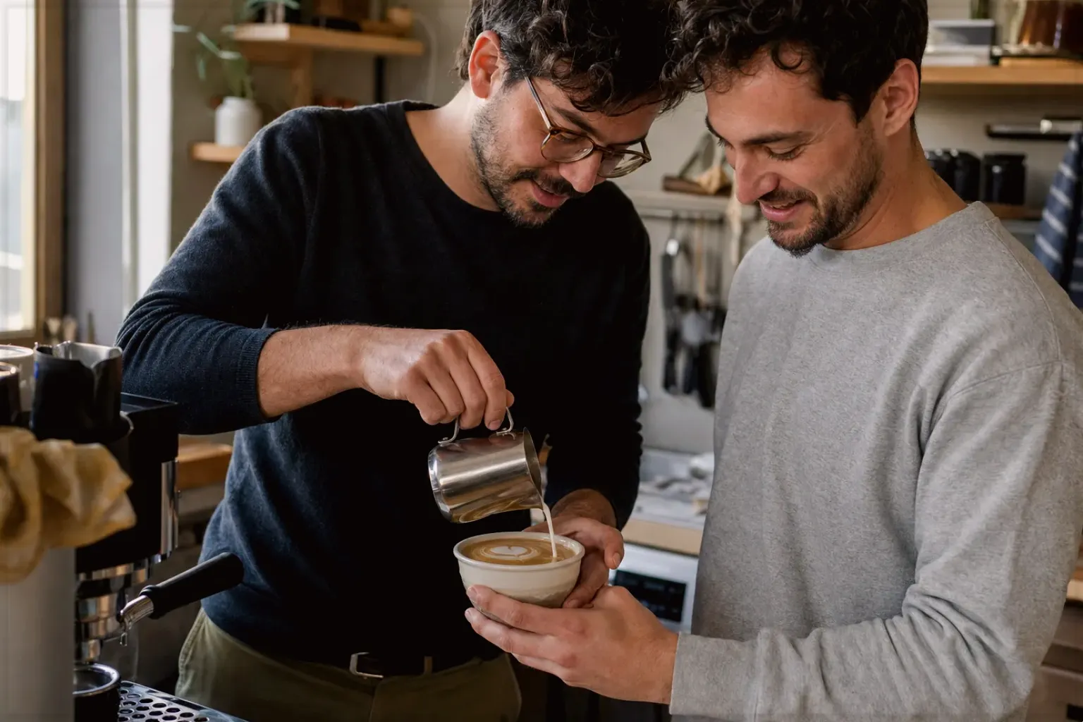 Zwei Freunde freuen sich in einer kleinen Küche über ihre gemeinsam gegossene Latte Art – gezeigt für Eureka Mignon Specialità im Produktprofil.